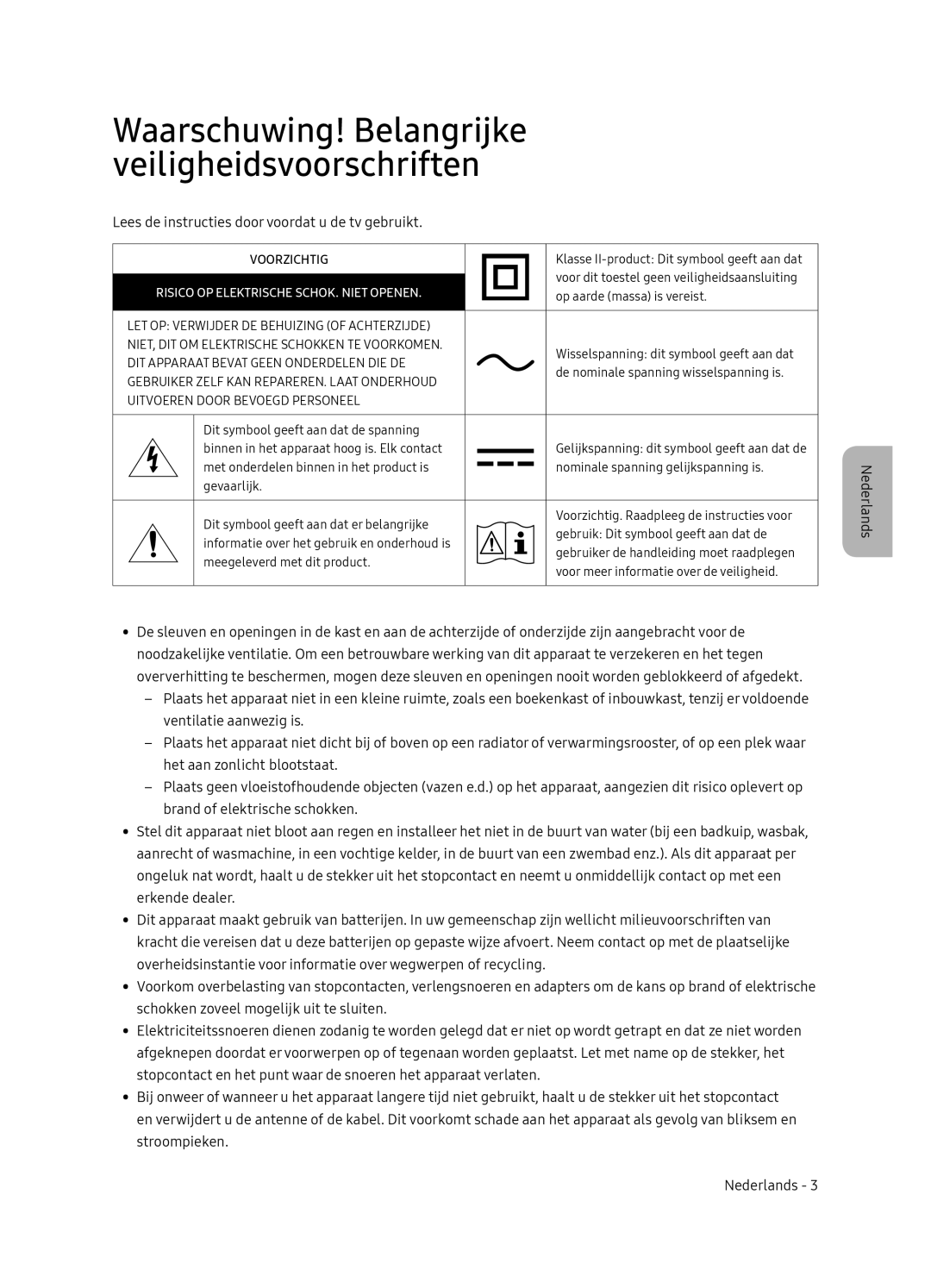 Samsung UE55NU8500LXXN, UE65NU8500LXXN manual Waarschuwing! Belangrijke veiligheidsvoorschriften 