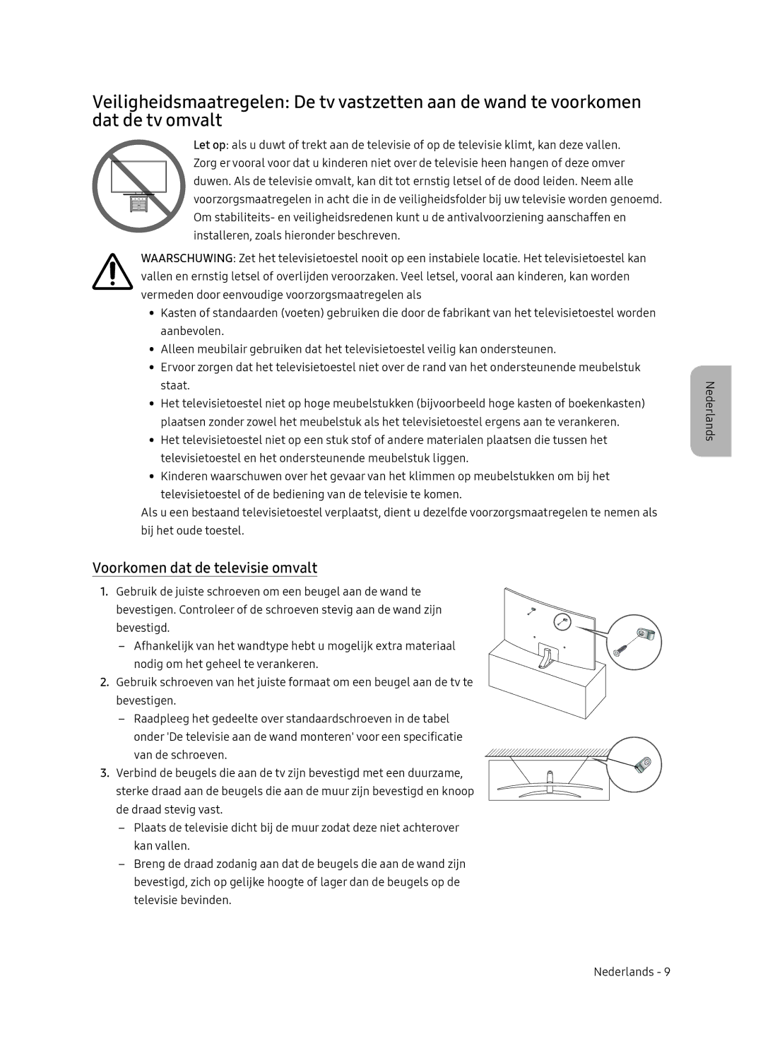 Samsung UE55NU8500LXXN, UE65NU8500LXXN manual Voorkomen dat de televisie omvalt 