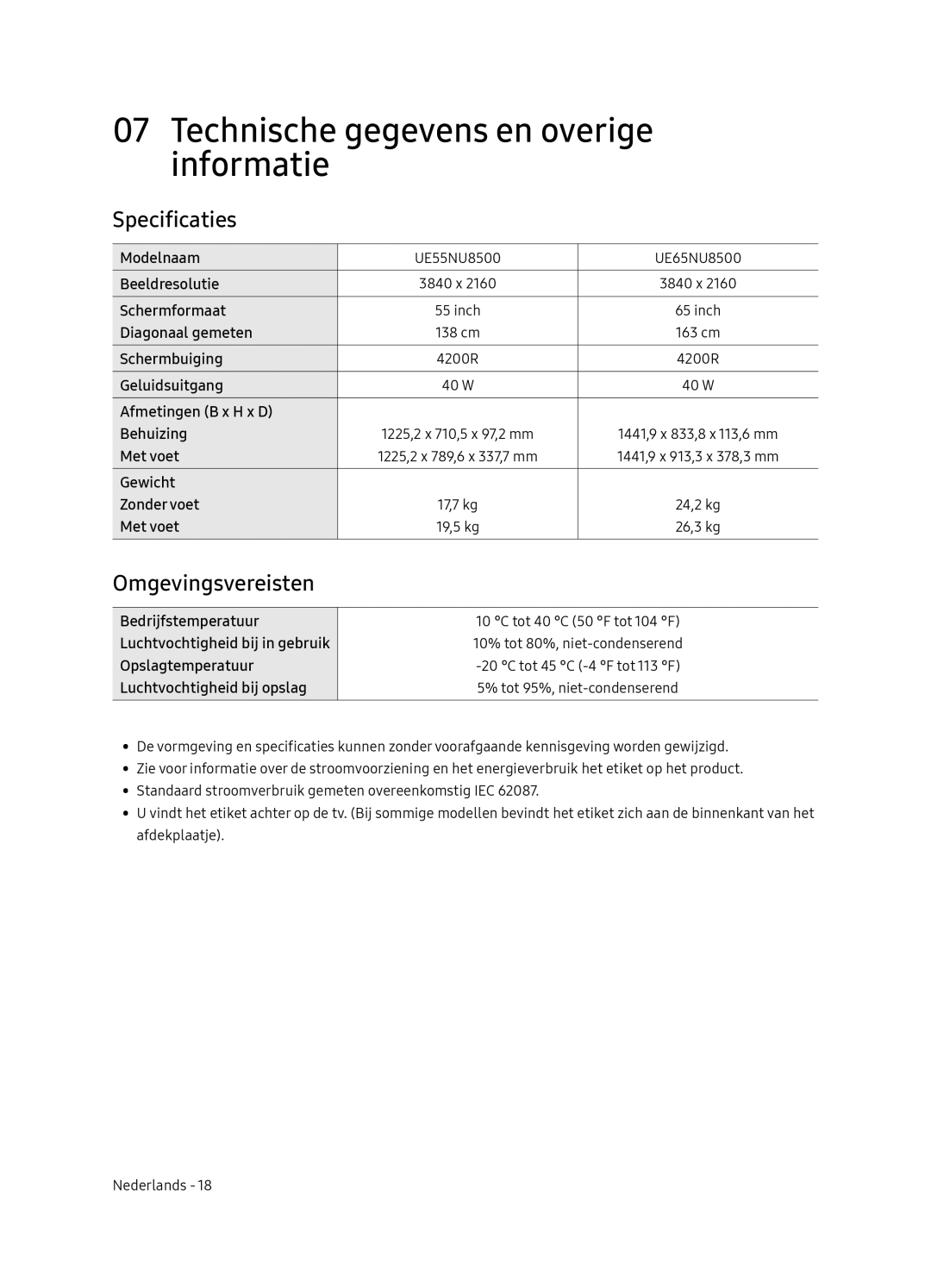 Samsung UE65NU8500LXXN, UE55NU8500LXXN manual Technische gegevens en overige informatie, Specificaties, Omgevingsvereisten 