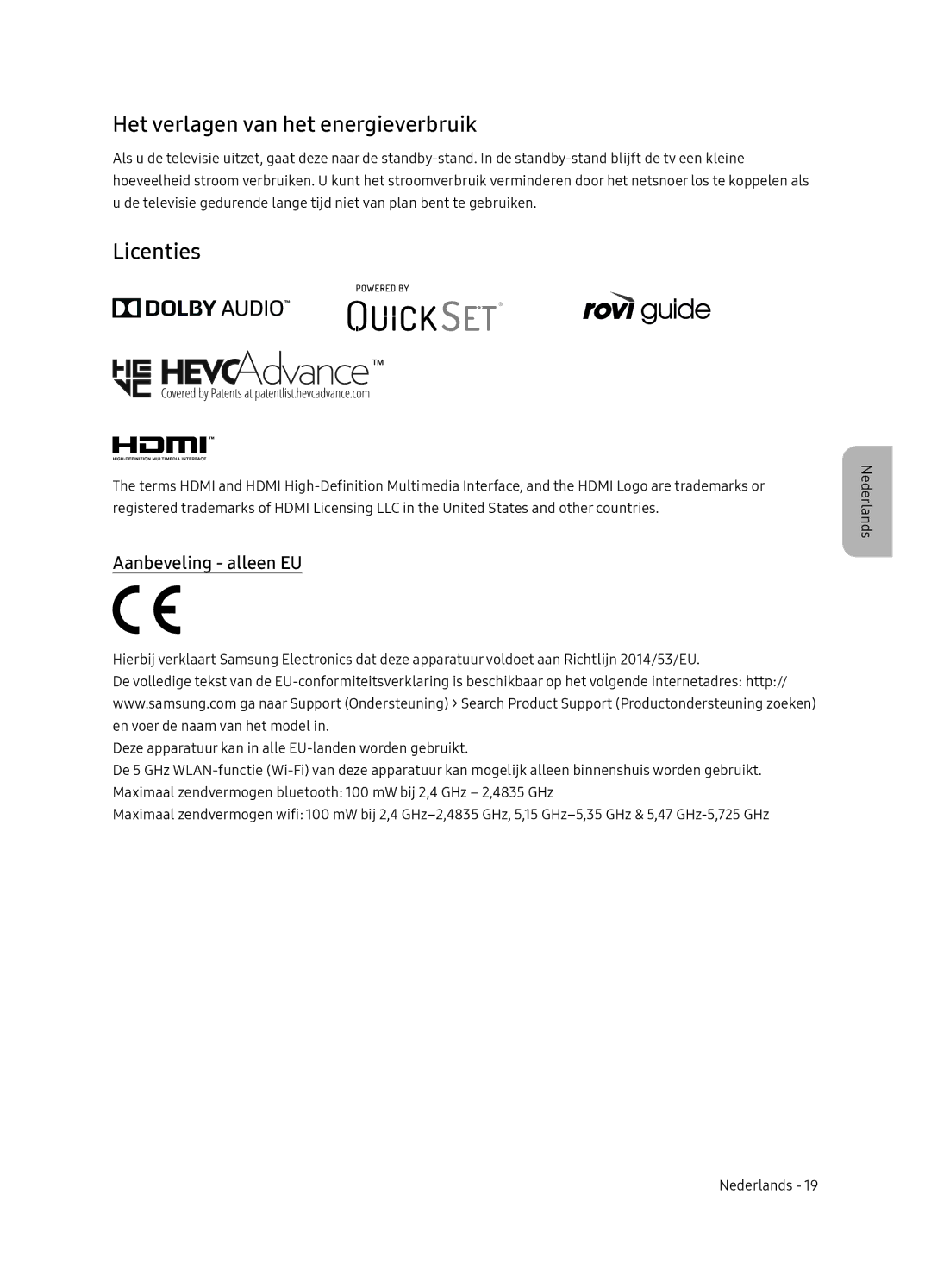 Samsung UE55NU8500LXXN, UE65NU8500LXXN manual Het verlagen van het energieverbruik, Licenties, Aanbeveling alleen EU 