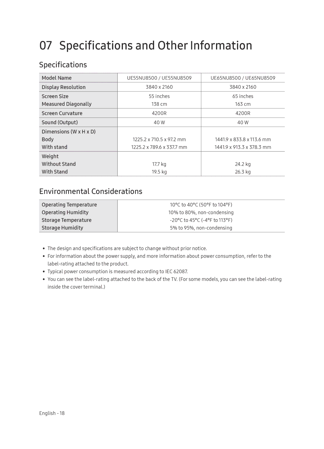 Samsung UE65NU8509TXZG, UE55NU8500TXXU manual Specifications and Other Information, Environmental Considerations 