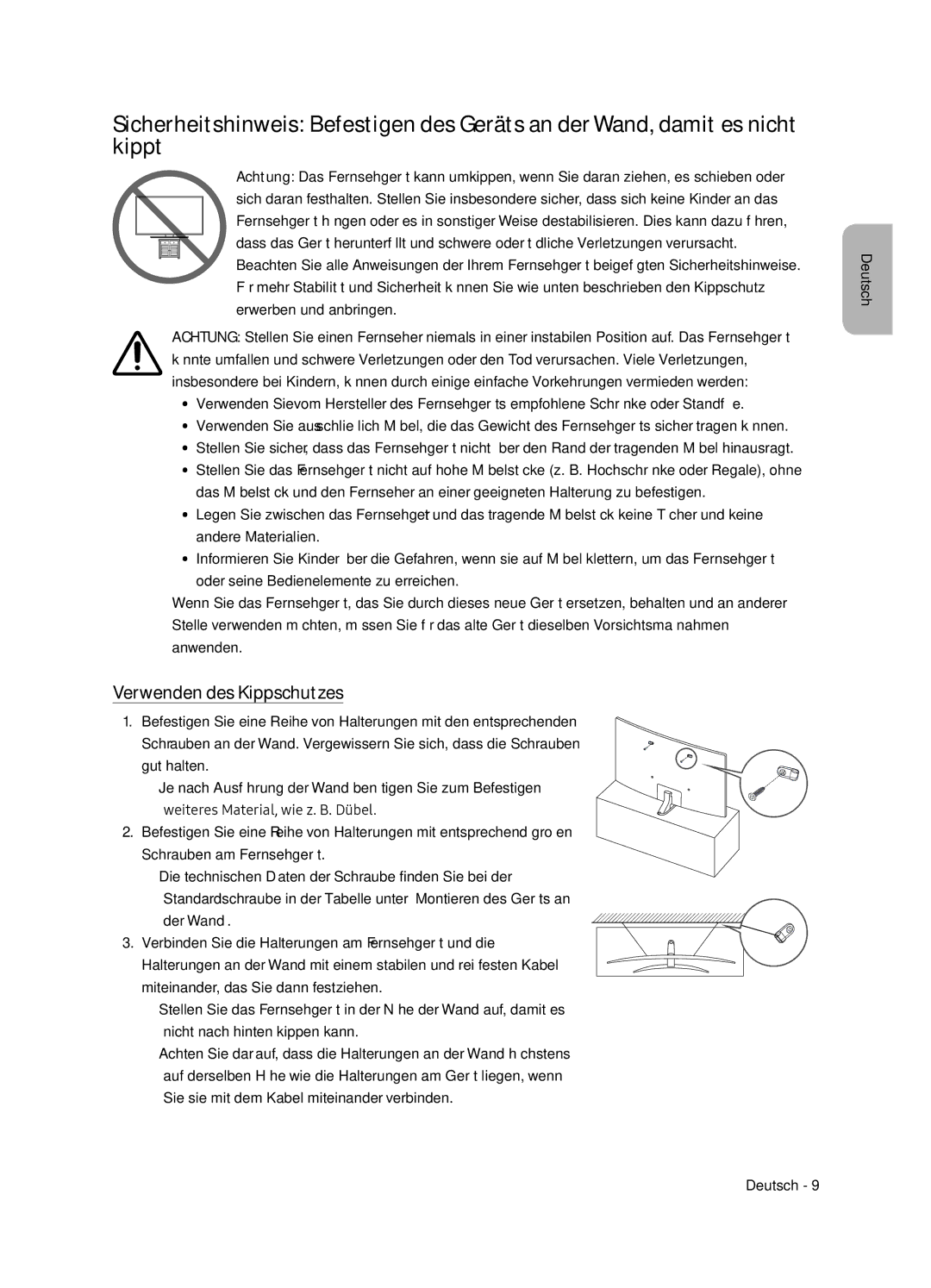 Samsung UE55NU8500TXXU, UE65NU8509TXZG manual Verwenden des Kippschutzes 