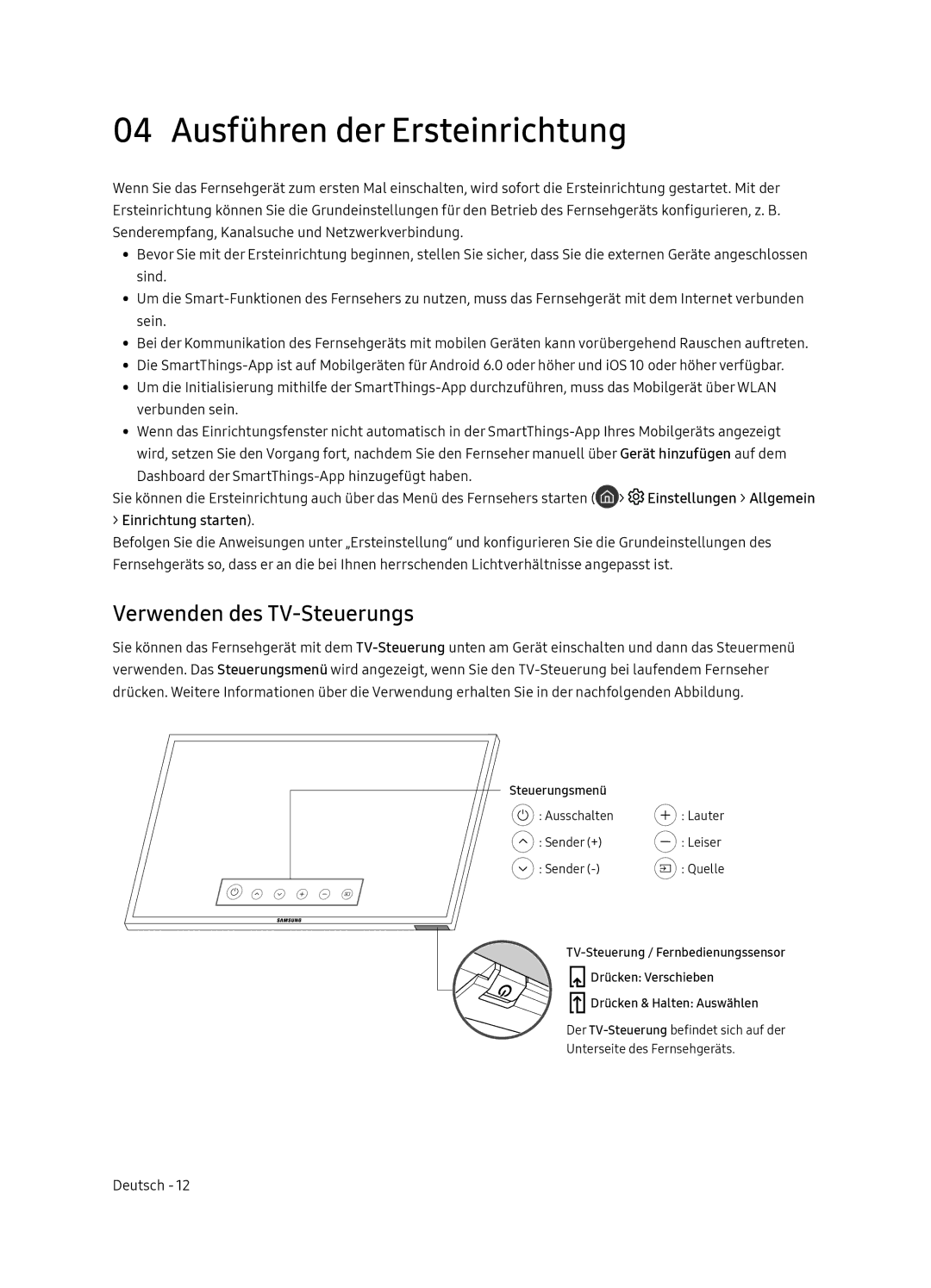 Samsung UE65NU8509TXZG, UE55NU8500TXXU manual Ausführen der Ersteinrichtung, Verwenden des TV-Steuerungs 