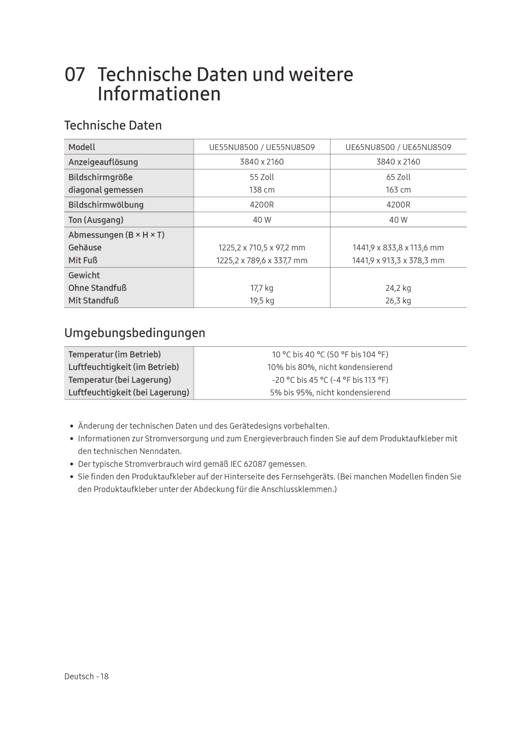 Samsung UE65NU8509TXZG, UE55NU8500TXXU manual Technische Daten und weitere Informationen, Umgebungsbedingungen 