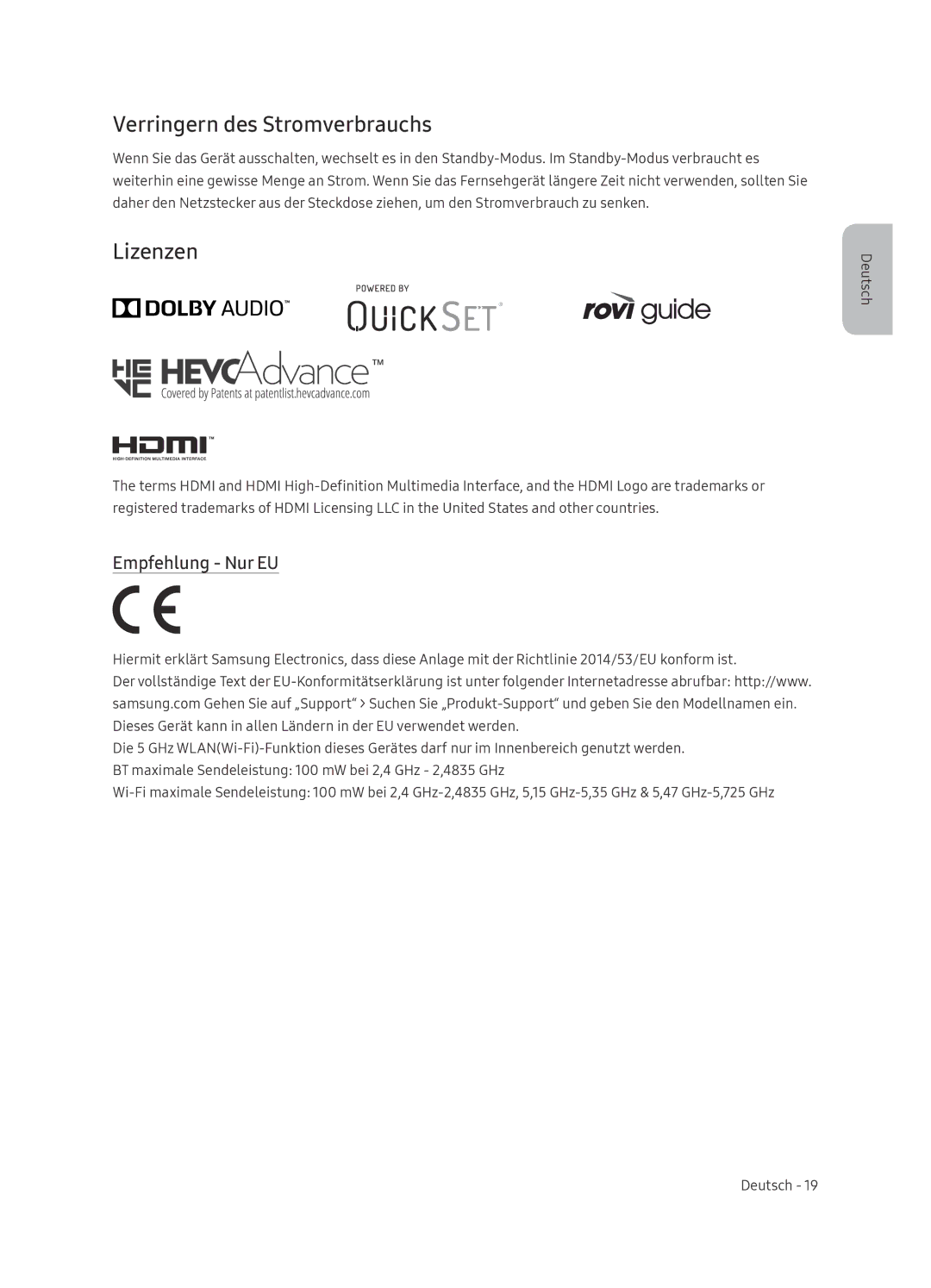 Samsung UE55NU8500TXXU, UE65NU8509TXZG manual Verringern des Stromverbrauchs, Lizenzen, Empfehlung Nur EU 