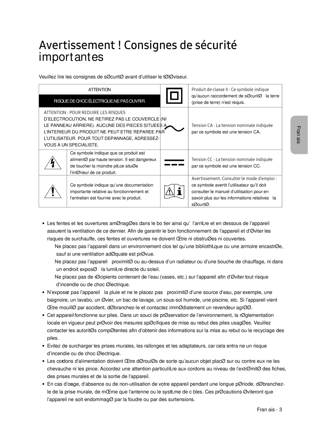 Samsung UE55NU8500TXXU manual Avertissement ! Consignes de sécurité importantes, Risque DE Choc ÉLECTRIQUE.NE PAS Ouvrir 