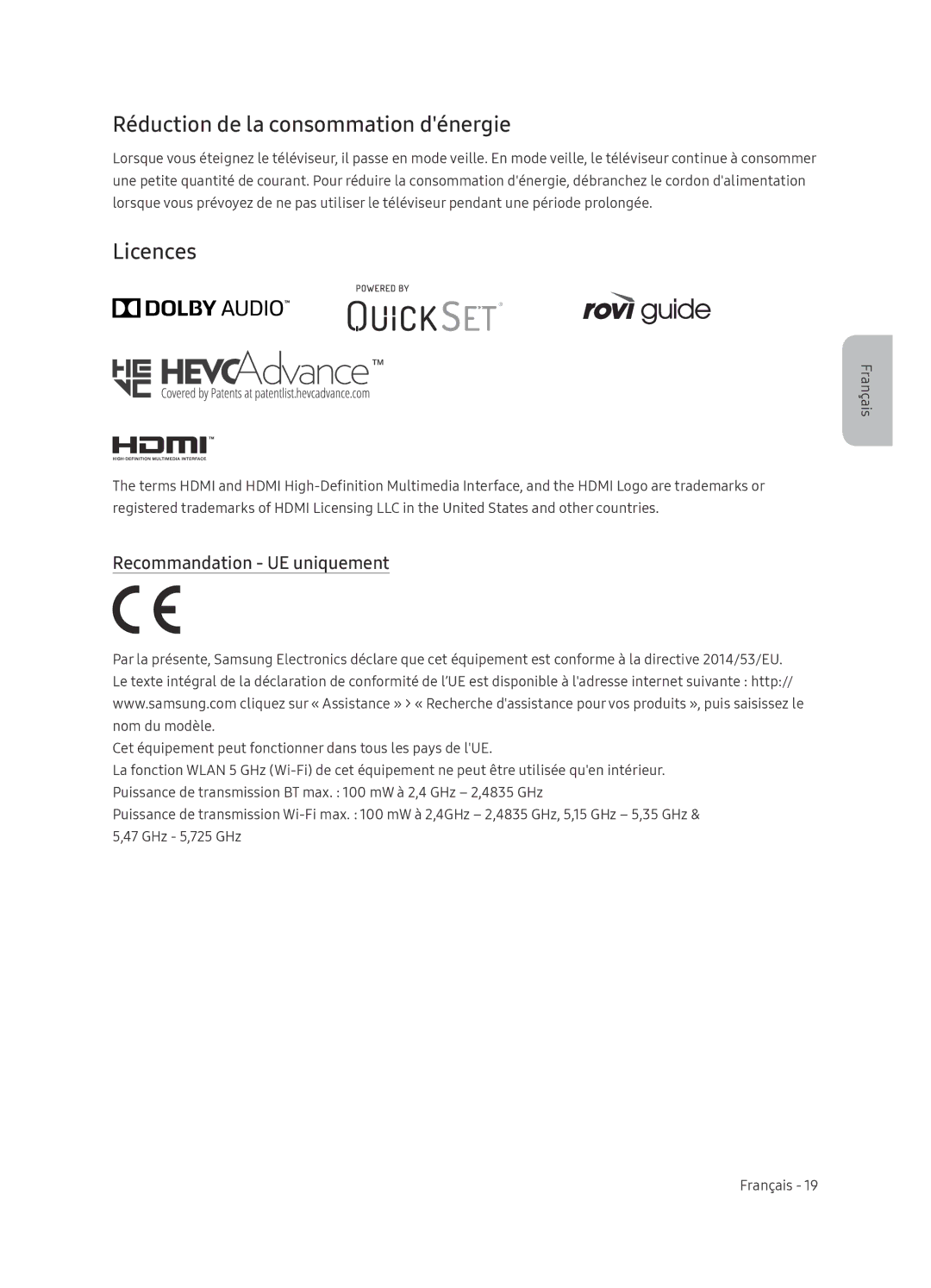 Samsung UE55NU8500TXXU, UE65NU8509TXZG manual Réduction de la consommation dénergie, Recommandation UE uniquement 