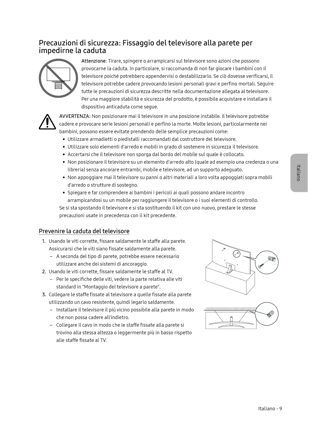 Samsung UE55NU8500TXXU, UE65NU8509TXZG manual Prevenire la caduta del televisore 