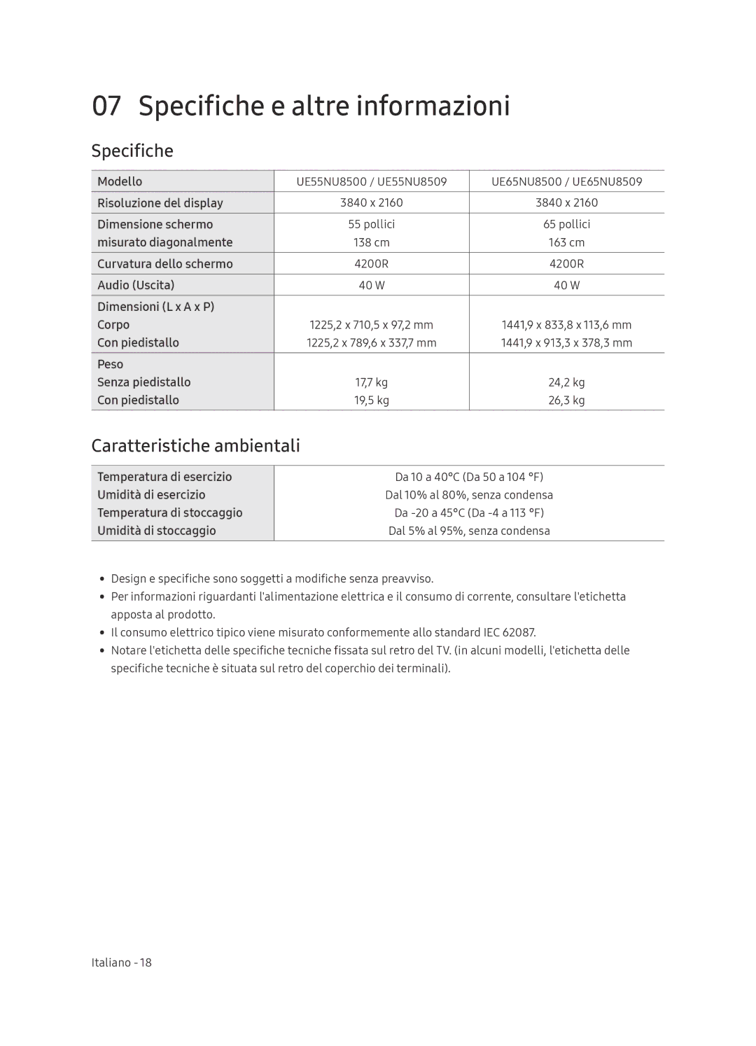 Samsung UE65NU8509TXZG, UE55NU8500TXXU manual Specifiche e altre informazioni, Caratteristiche ambientali 