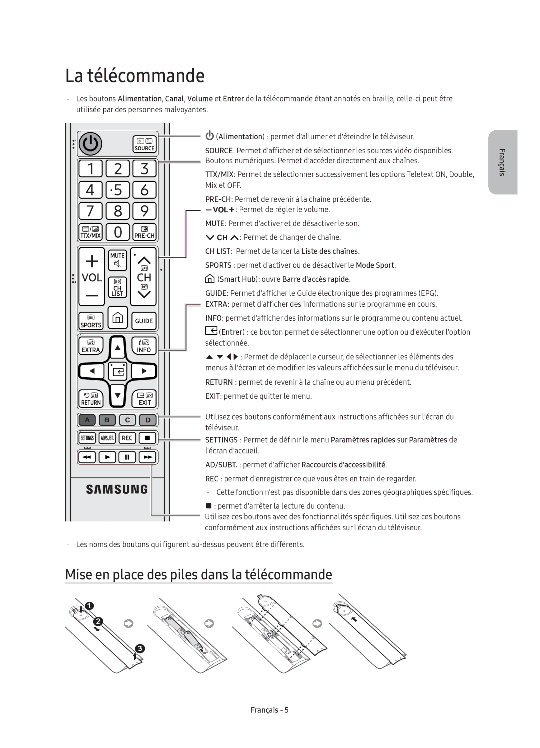 Samsung UE70KU6000KXXC La télécommande, Mise en place des piles dans la télécommande, Smart Hub ouvre Barre daccès rapide 