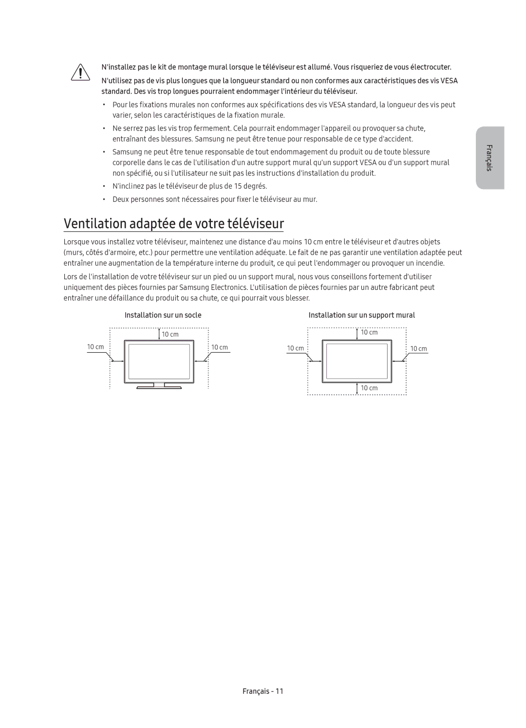 Samsung UE50KU6000KXZF, UE70KU6000KXXC, UE40KU6000KXXC Ventilation adaptée de votre téléviseur, Installation sur un socle 