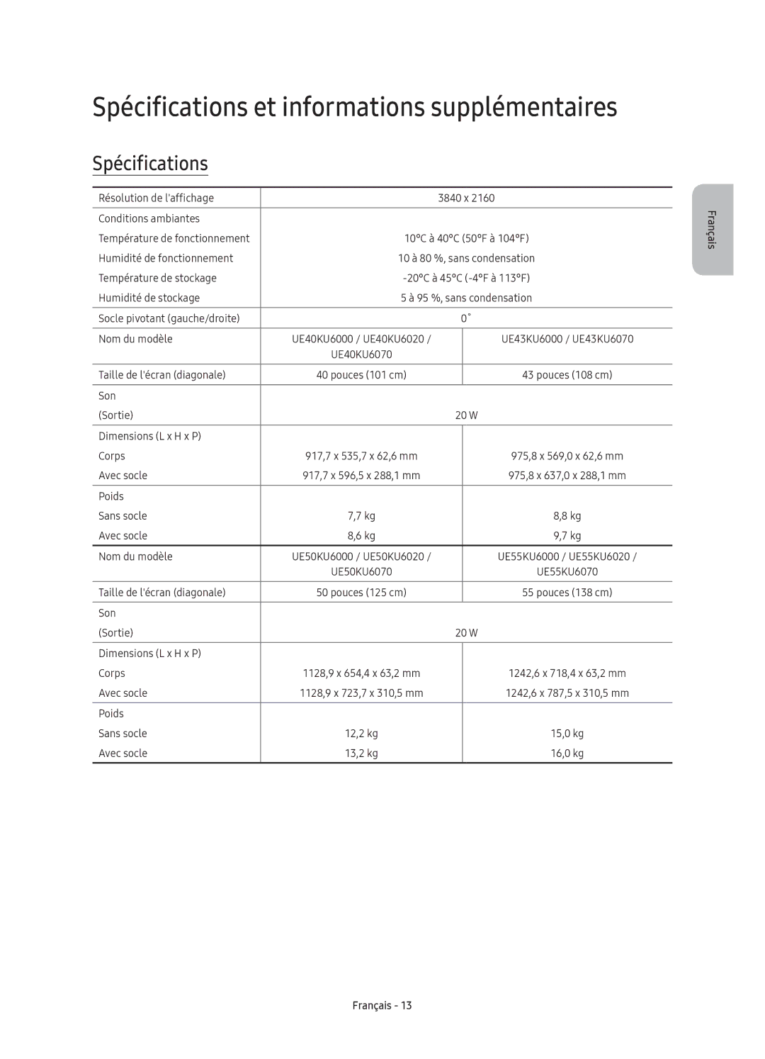 Samsung UE55KU6000KXZF, UE70KU6000KXXC, UE40KU6000KXXC, UE50KU6000KXXC manual Spécifications et informations supplémentaires 