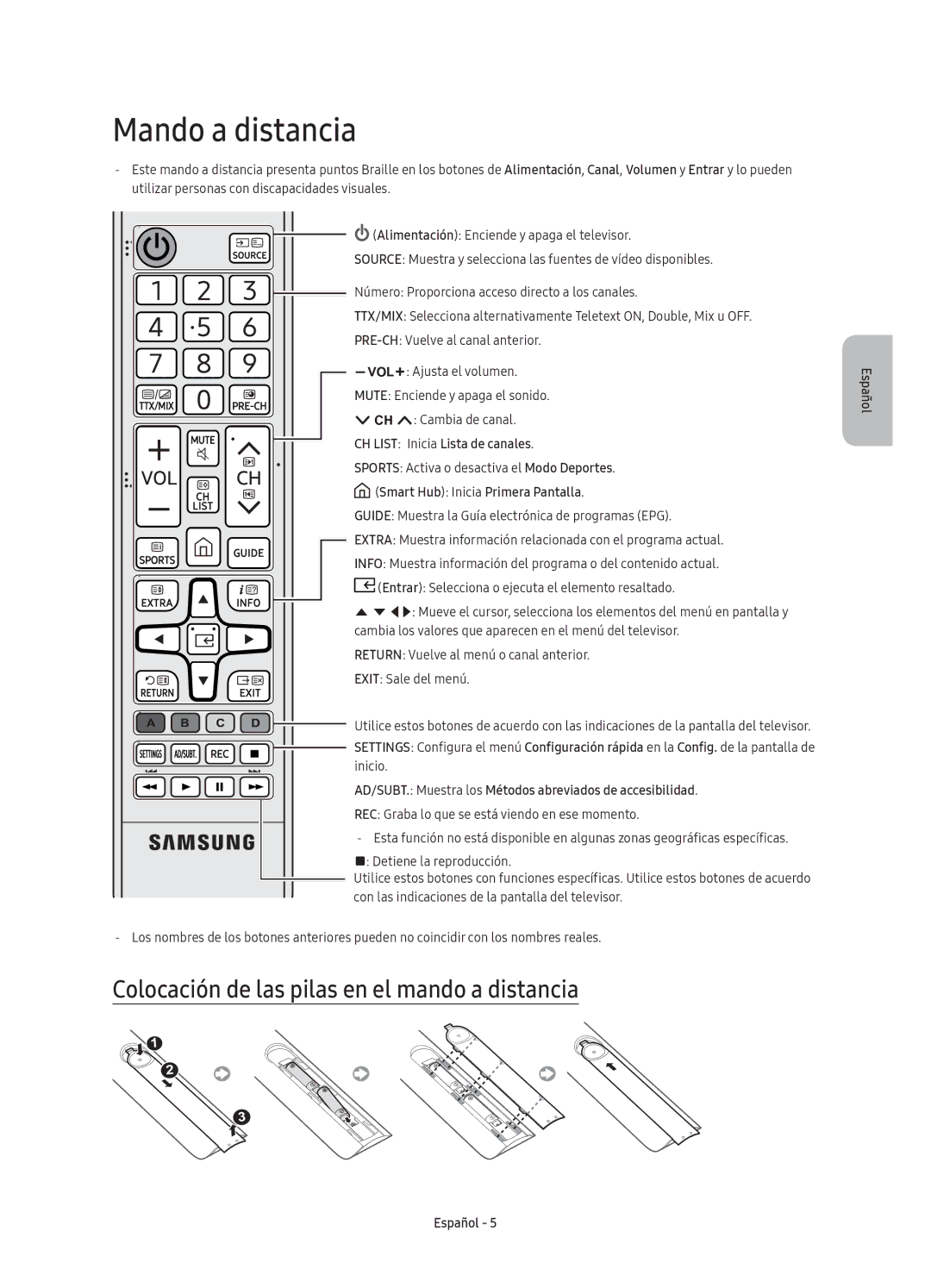 Samsung UE65KU6020KXXC Mando a distancia, Colocación de las pilas en el mando a distancia, CH List Inicia Lista de canales 