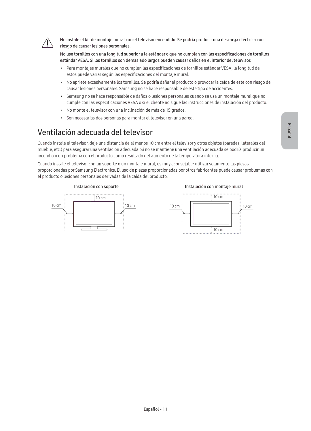 Samsung UE40KU6000KXXC, UE70KU6000KXXC, UE50KU6000KXXC manual Ventilación adecuada del televisor, Instalación con soporte 