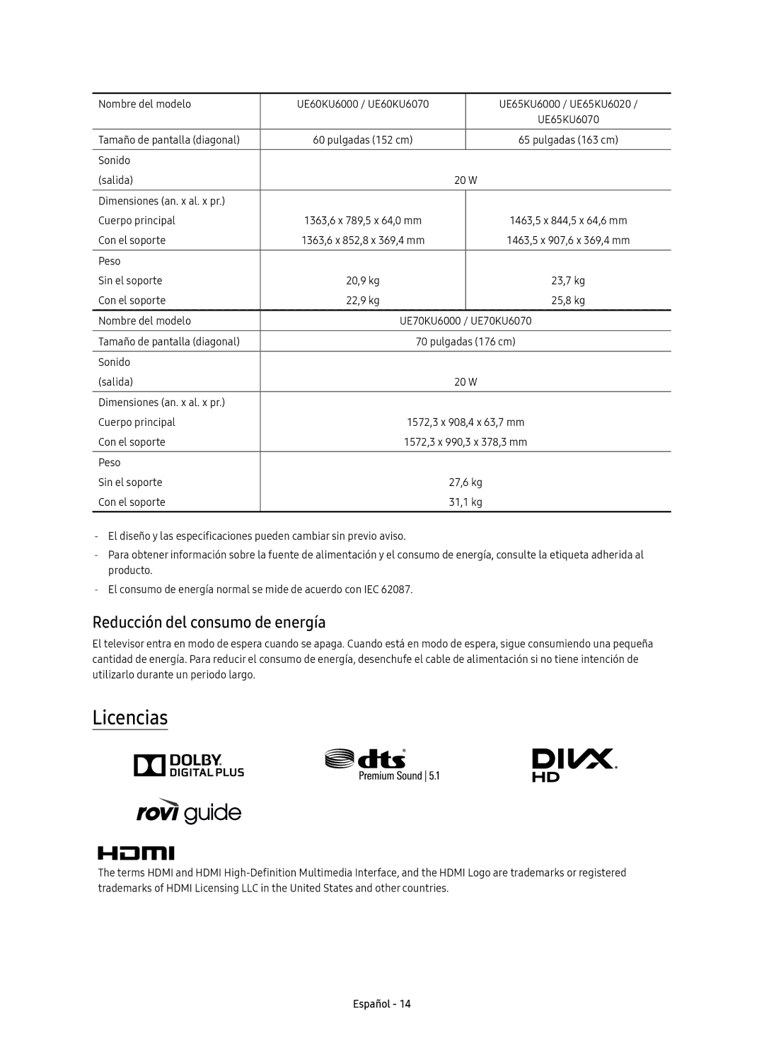 Samsung UE43KU6000KXXC, UE70KU6000KXXC, UE40KU6000KXXC, UE50KU6000KXXC manual Licencias, Reducción del consumo de energía 