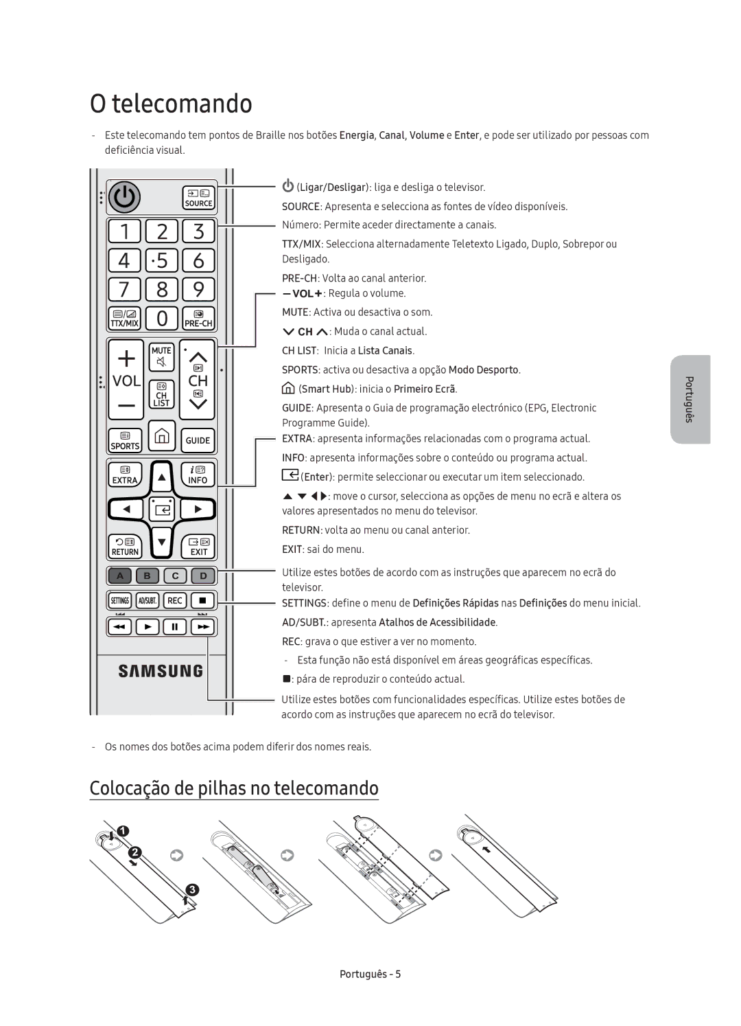 Samsung UE40KU6000KXZF, UE70KU6000KXXC manual Telecomando, Colocação de pilhas no telecomando, CH List Inicia a Lista Canais 