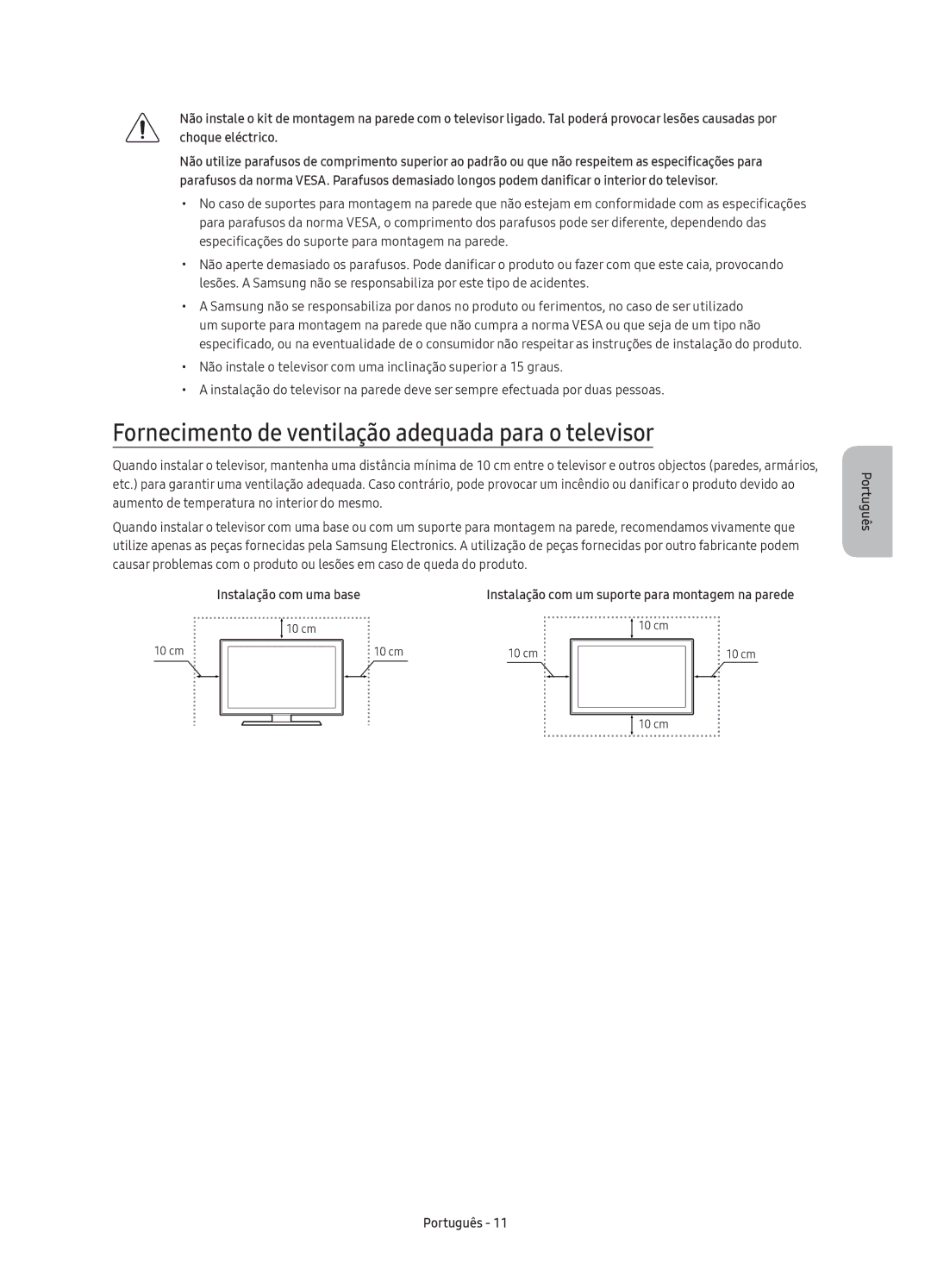 Samsung UE55KU6000KXXC, UE70KU6000KXXC manual Fornecimento de ventilação adequada para o televisor, Instalação com uma base 