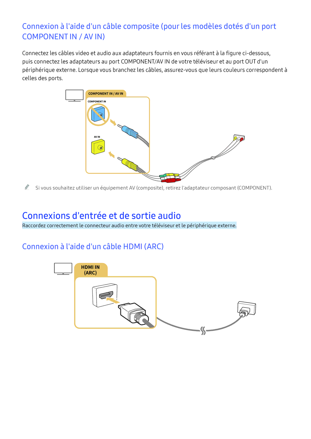 Samsung UE40KU6470UXZF, UE70KU6000KXZF manual Connexions dentrée et de sortie audio, Connexion à laide dun câble Hdmi ARC 