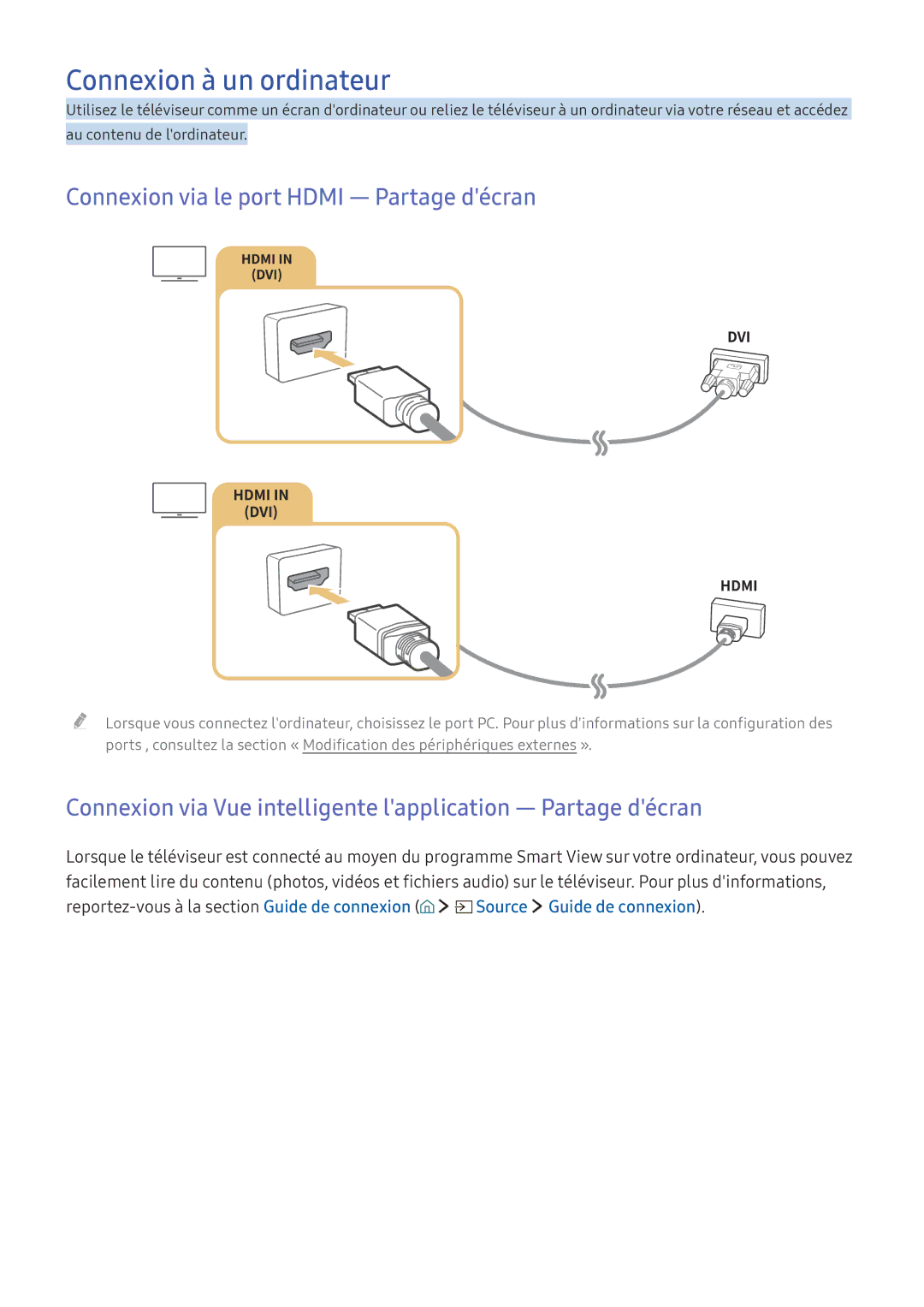 Samsung UE55KS7500UXZF, UE70KU6000KXZF manual Connexion à un ordinateur, Connexion via le port Hdmi ― Partage décran 