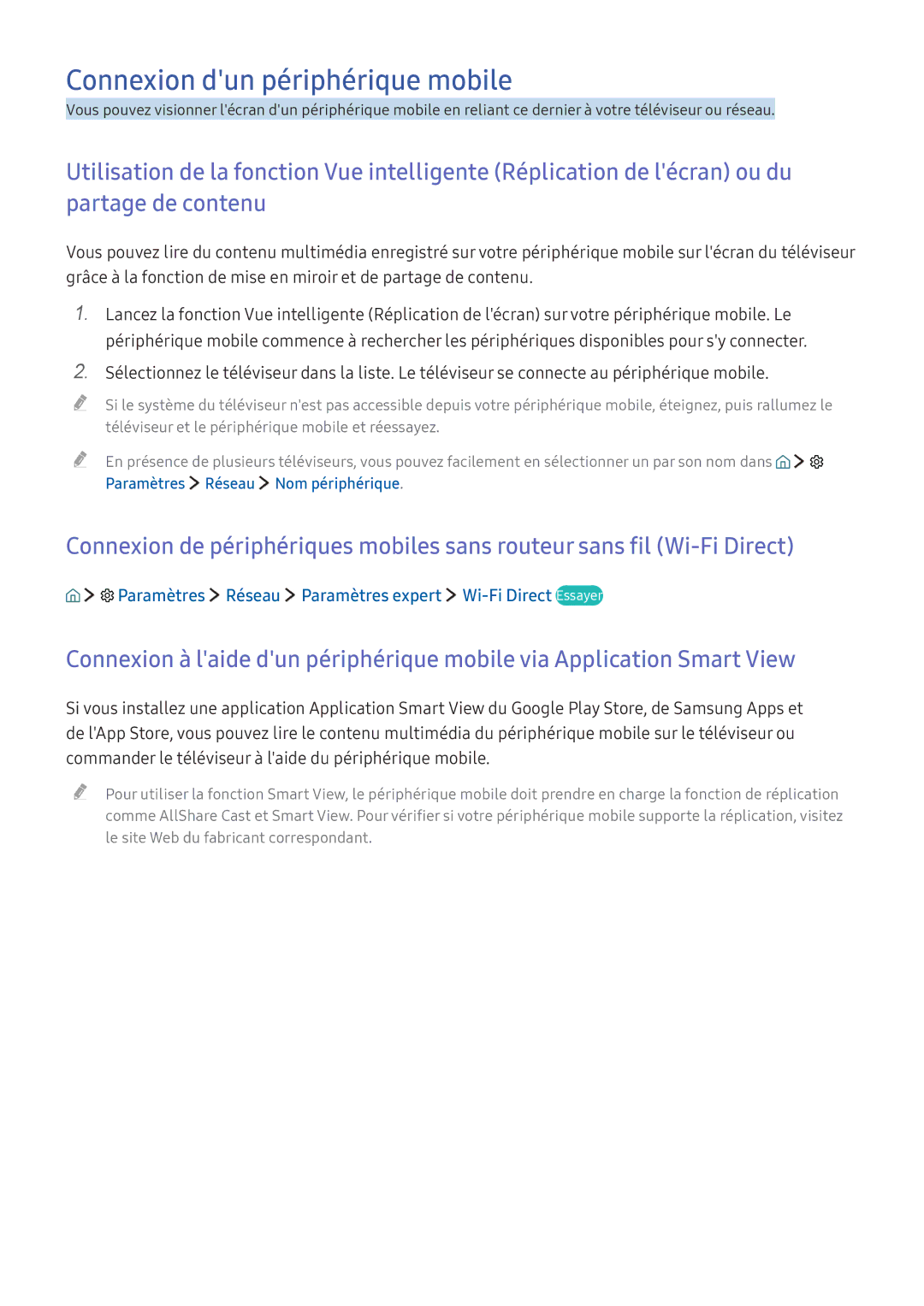 Samsung UE49KU6500UXZF manual Connexion dun périphérique mobile, Paramètres Réseau Paramètres expert Wi-Fi Direct Essayer 