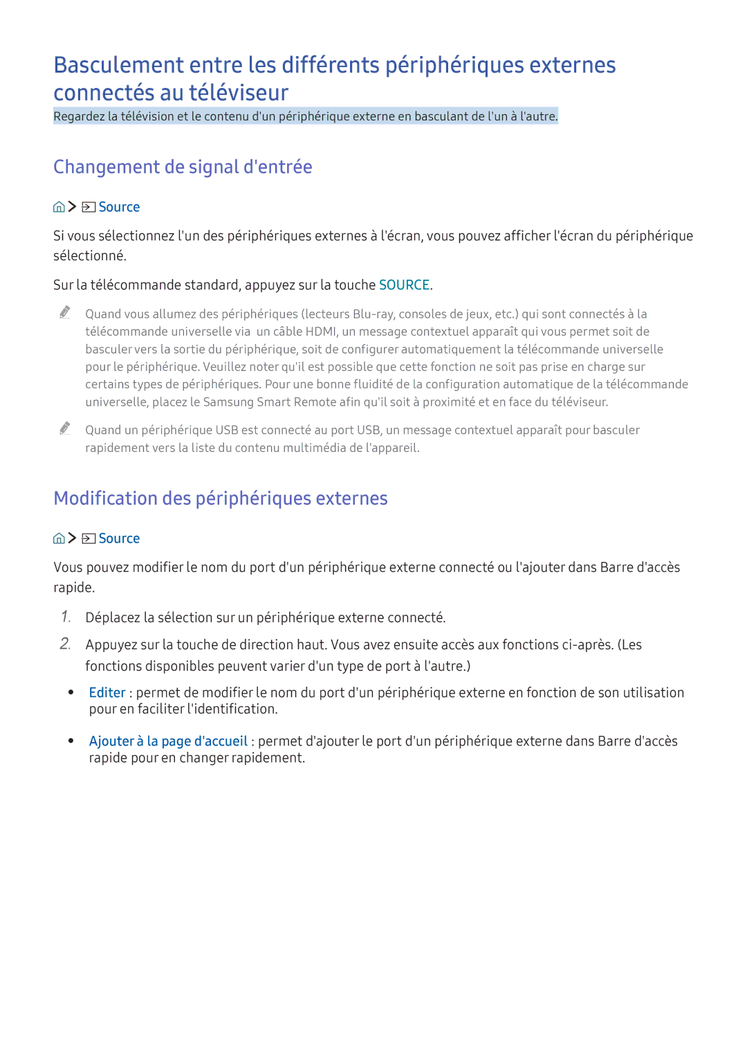 Samsung UE40KU6400UXZF, UE70KU6000KXZF manual Changement de signal dentrée, Modification des périphériques externes 