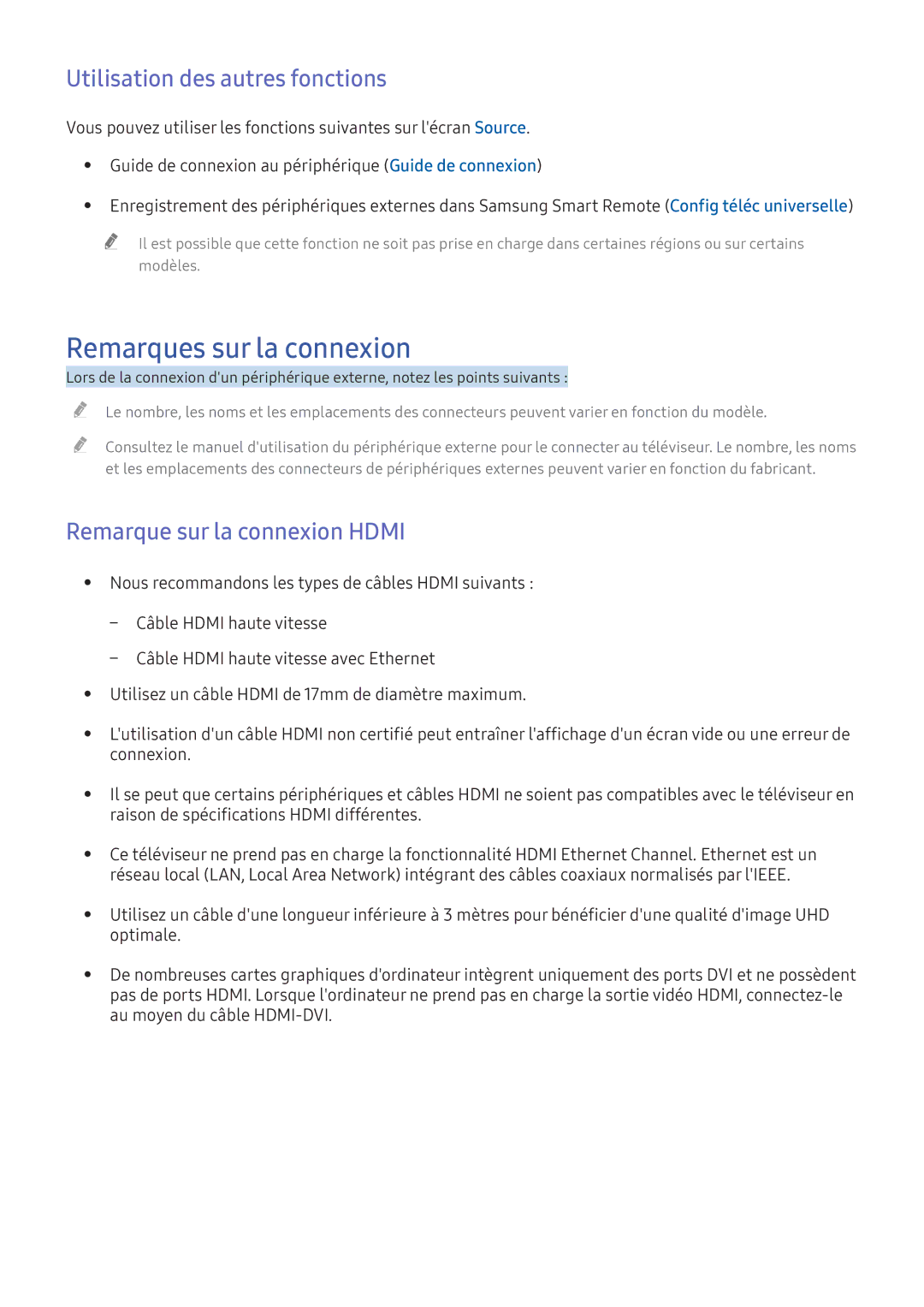 Samsung UE49KU6650UXZF manual Remarques sur la connexion, Utilisation des autres fonctions, Remarque sur la connexion Hdmi 