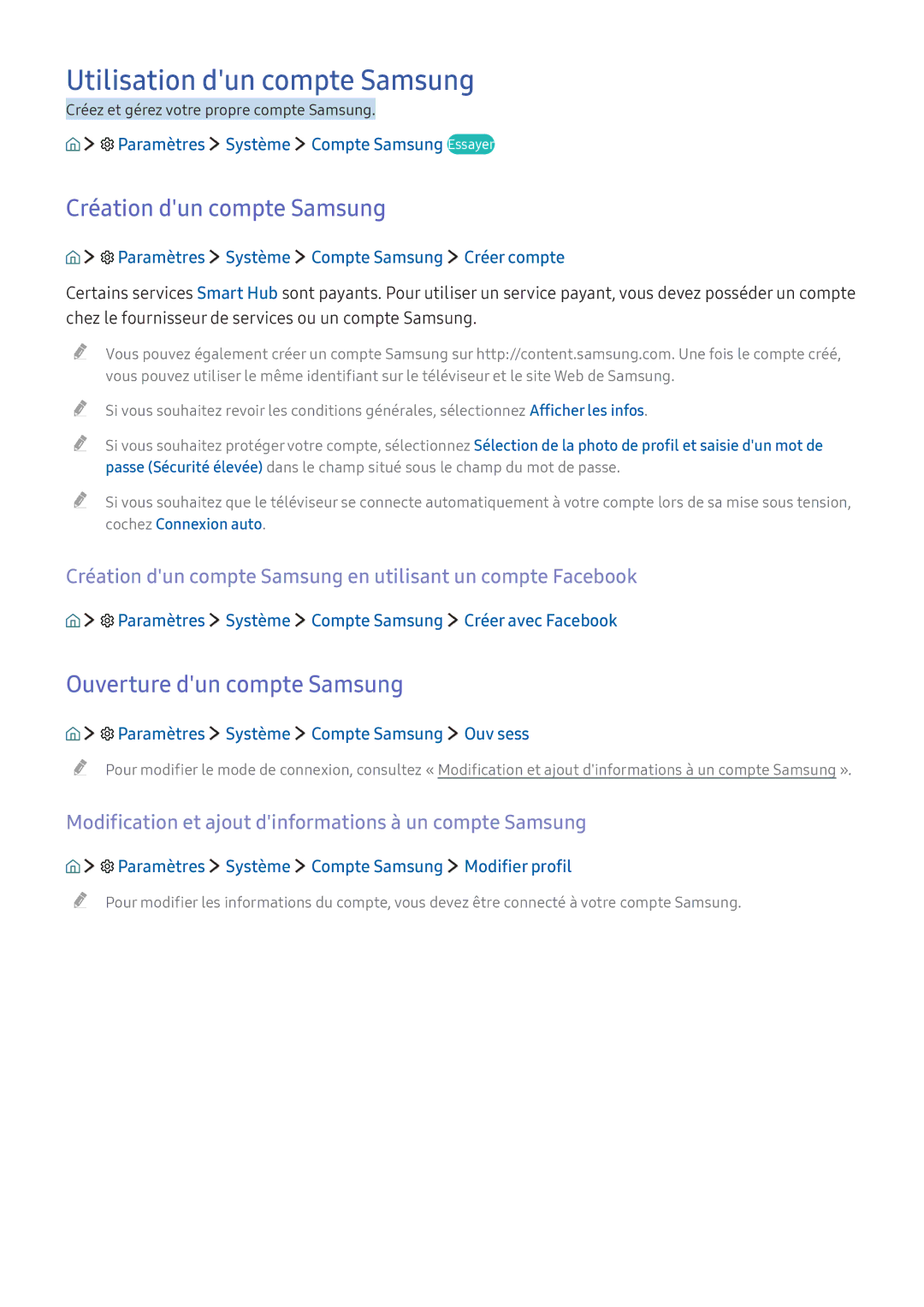 Samsung UE55KU6000KXZF manual Utilisation dun compte Samsung, Création dun compte Samsung, Ouverture dun compte Samsung 