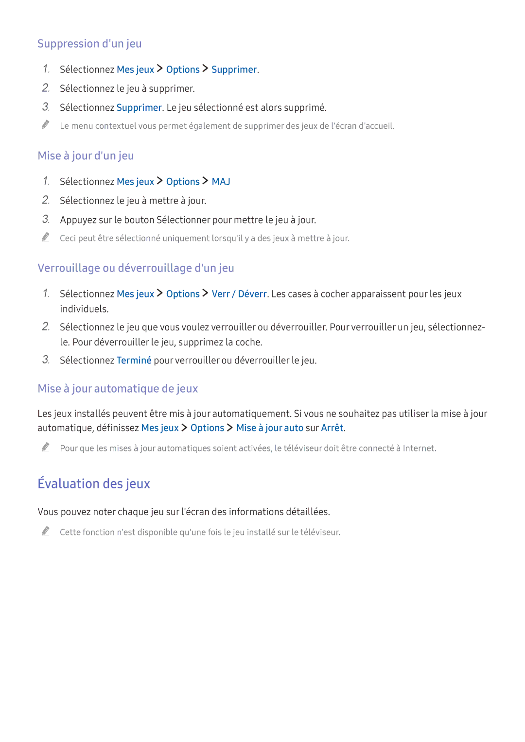 Samsung UE40KU6000KXZF Évaluation des jeux, Suppression dun jeu, Mise à jour dun jeu, Mise à jour automatique de jeux 