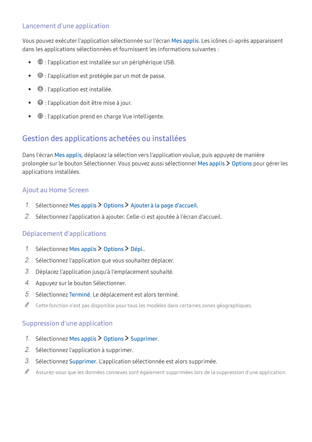 Samsung UE49KS7500UXZF, UE70KU6000KXZF manual Gestion des applications achetées ou installées, Lancement dune application 