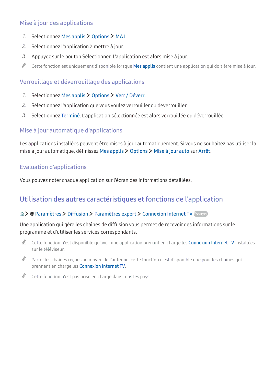 Samsung UE65KU6000KXZF, UE70KU6000KXZF manual Mise à jour des applications, Verrouillage et déverrouillage des applications 