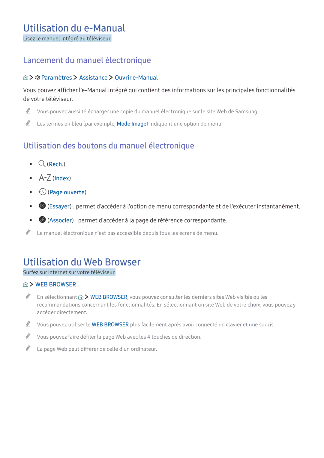 Samsung UE55KU6640UXZF manual Utilisation du e-Manual, Utilisation du Web Browser, Lancement du manuel électronique 