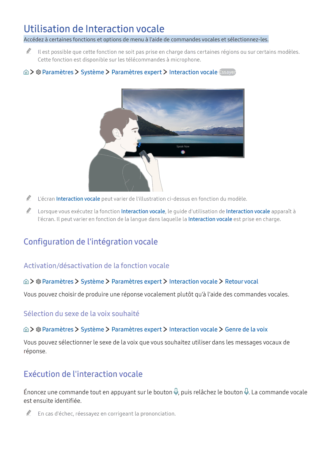 Samsung UE49KS8000TXZF, UE70KU6000KXZF, UE49KU6510UXZF Utilisation de Interaction vocale, Exécution de linteraction vocale 