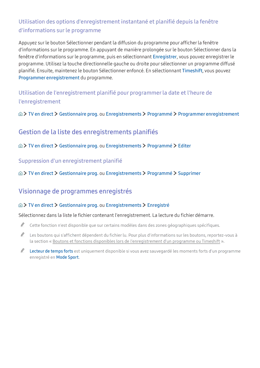 Samsung UE43KU6670UXZF manual Gestion de la liste des enregistrements planifiés, Visionnage de programmes enregistrés 