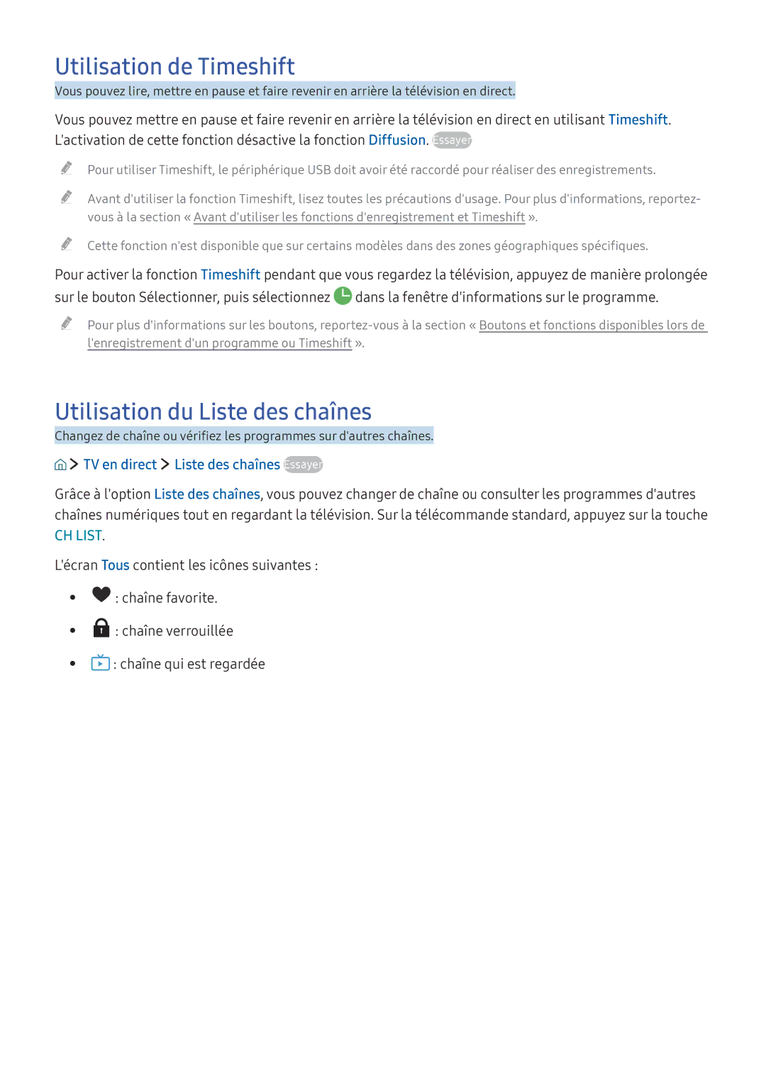 Samsung UE55KS7000UXZF Utilisation de Timeshift, Utilisation du Liste des chaînes, TV en direct Liste des chaînes Essayer 