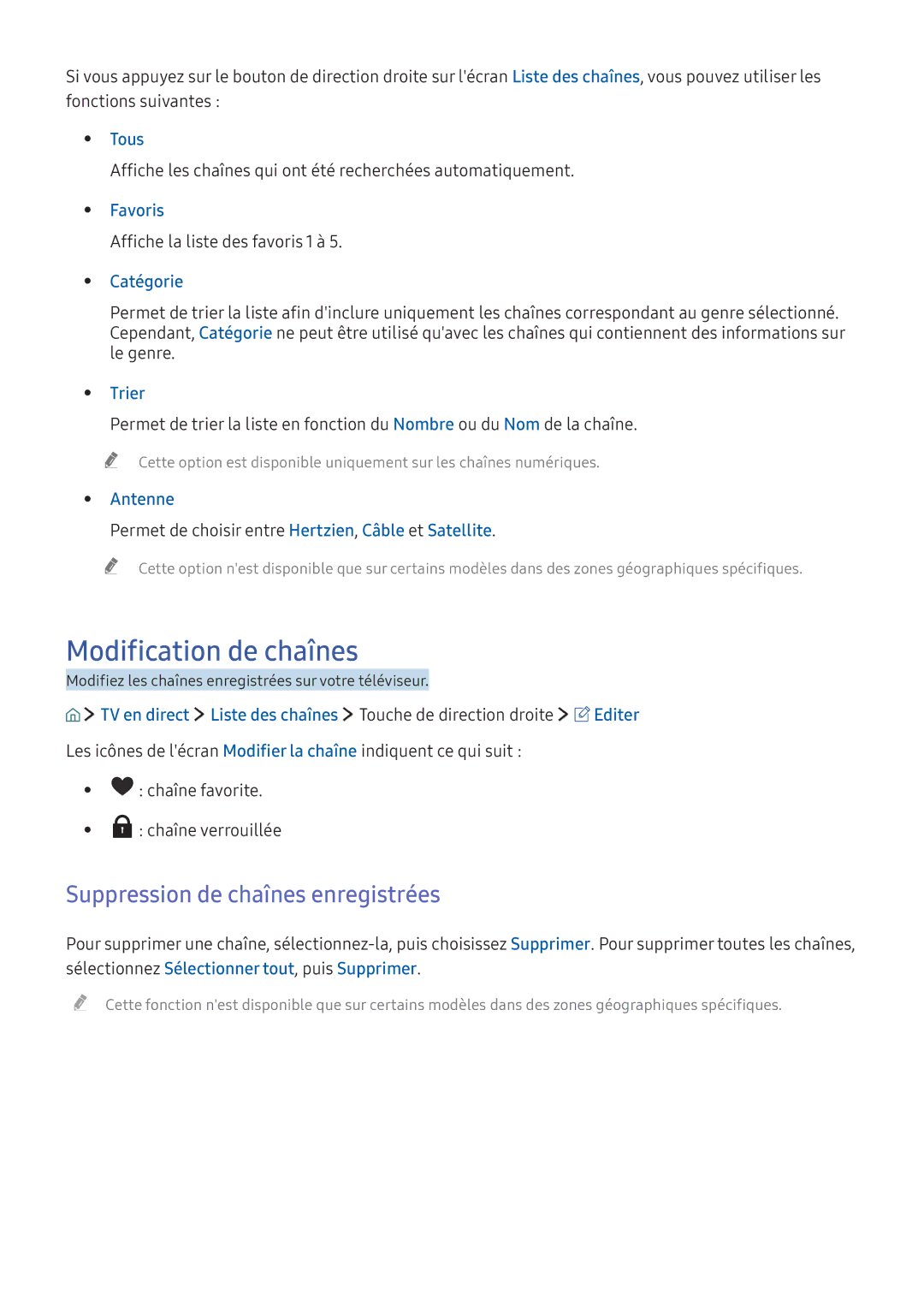 Samsung UE49KS7000UXZF, UE70KU6000KXZF, UE49KU6510UXZF manual Modification de chaînes, Suppression de chaînes enregistrées 