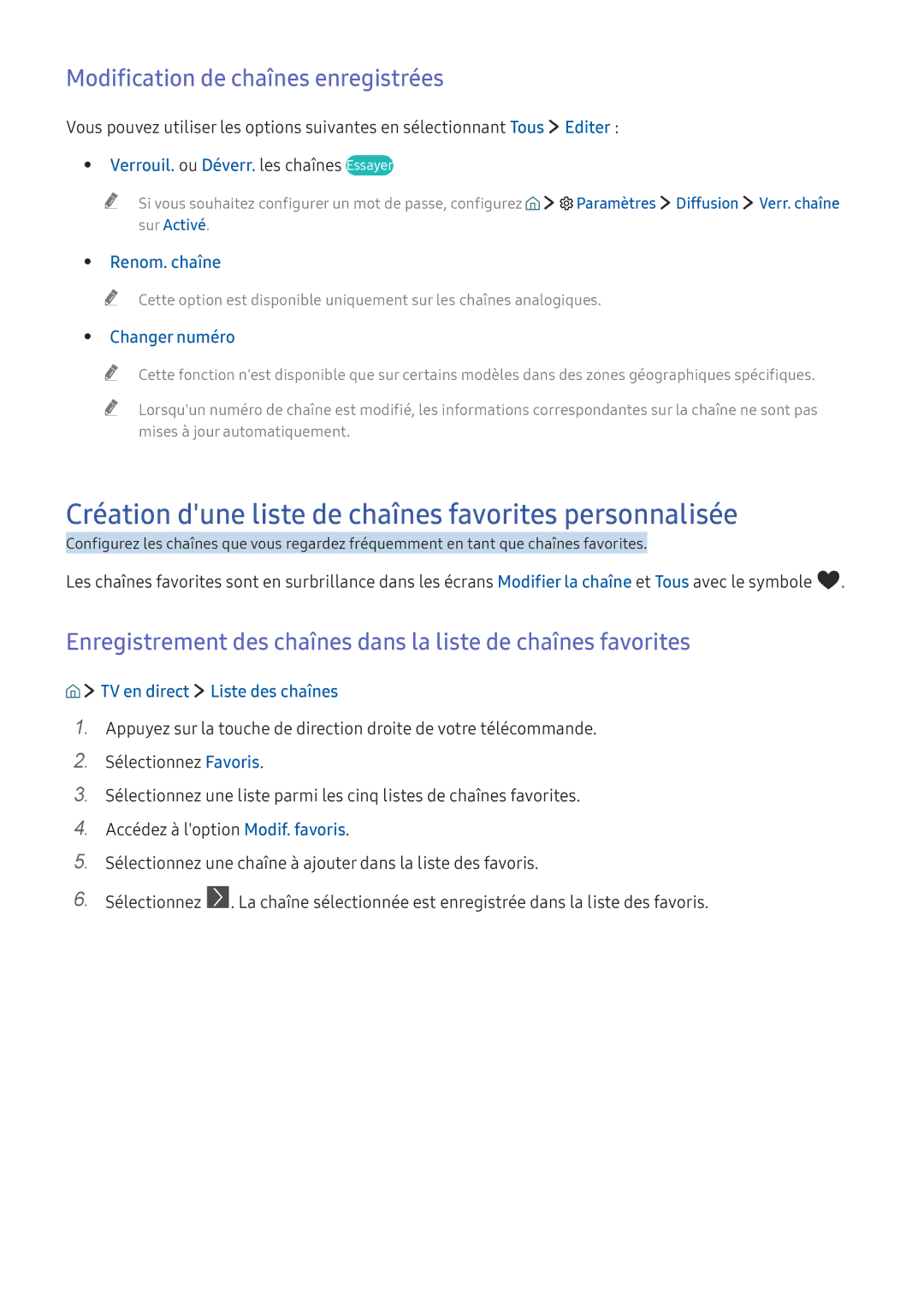 Samsung UE70KU6000KXZF manual Création dune liste de chaînes favorites personnalisée, Modification de chaînes enregistrées 