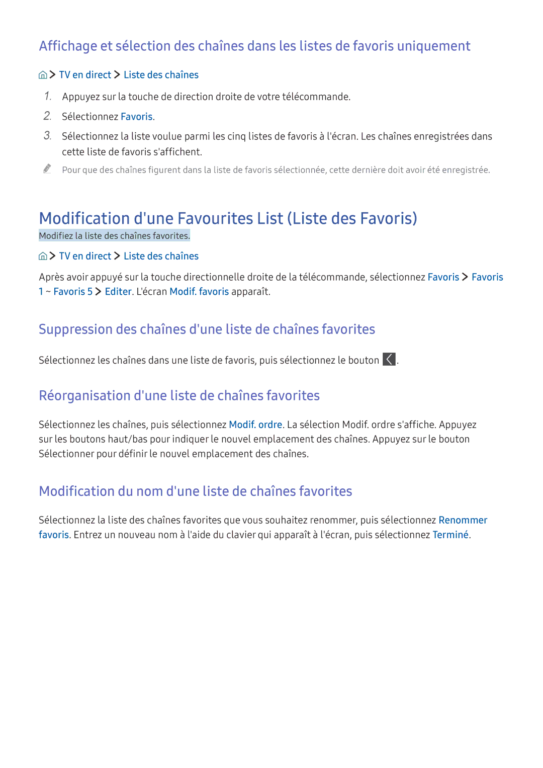 Samsung UE49KU6510UXZF Modification dune Favourites List Liste des Favoris, Réorganisation dune liste de chaînes favorites 