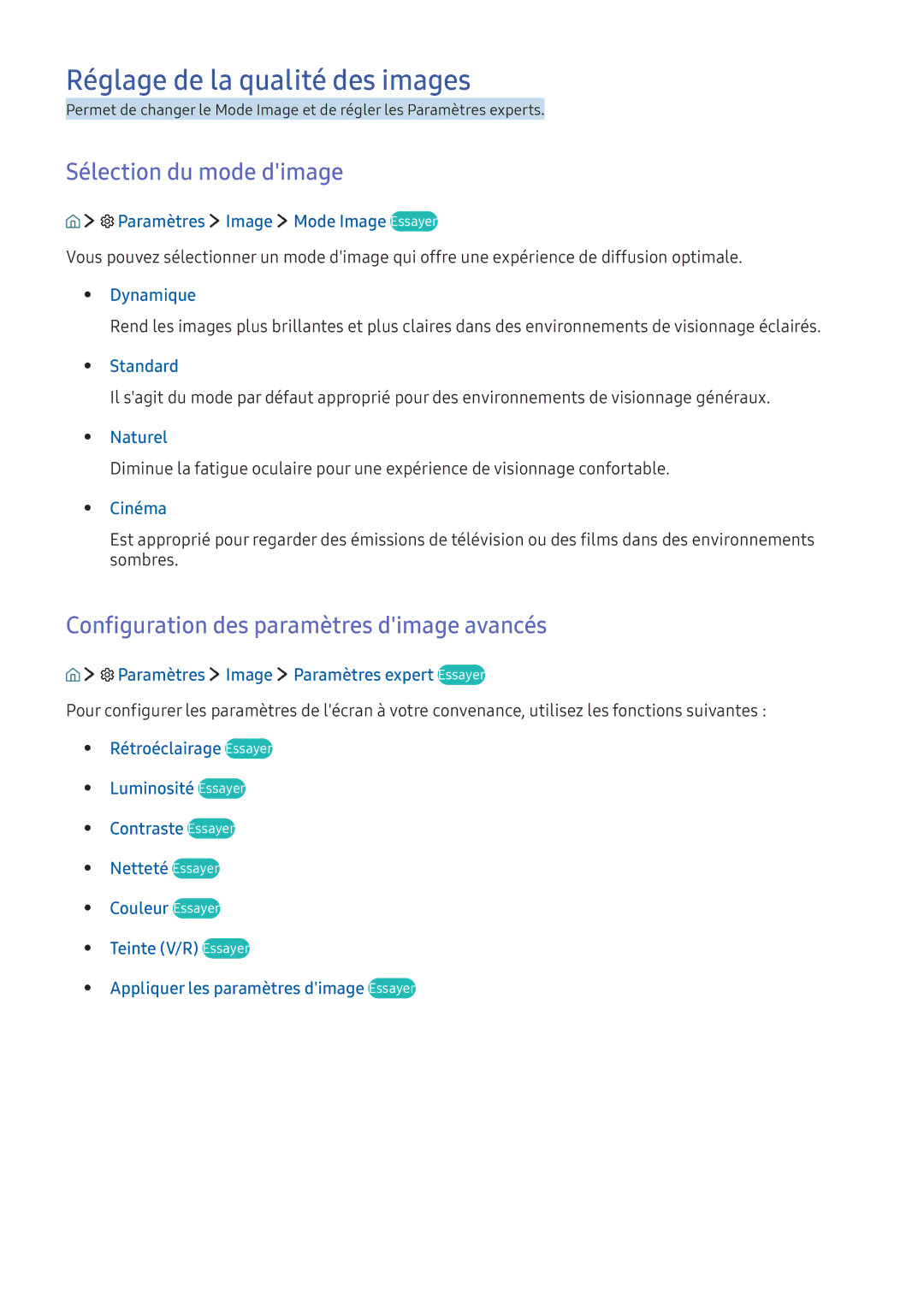 Samsung UE65KU6100KXZF, UE70KU6000KXZF, UE49KU6510UXZF manual Réglage de la qualité des images, Sélection du mode dimage 