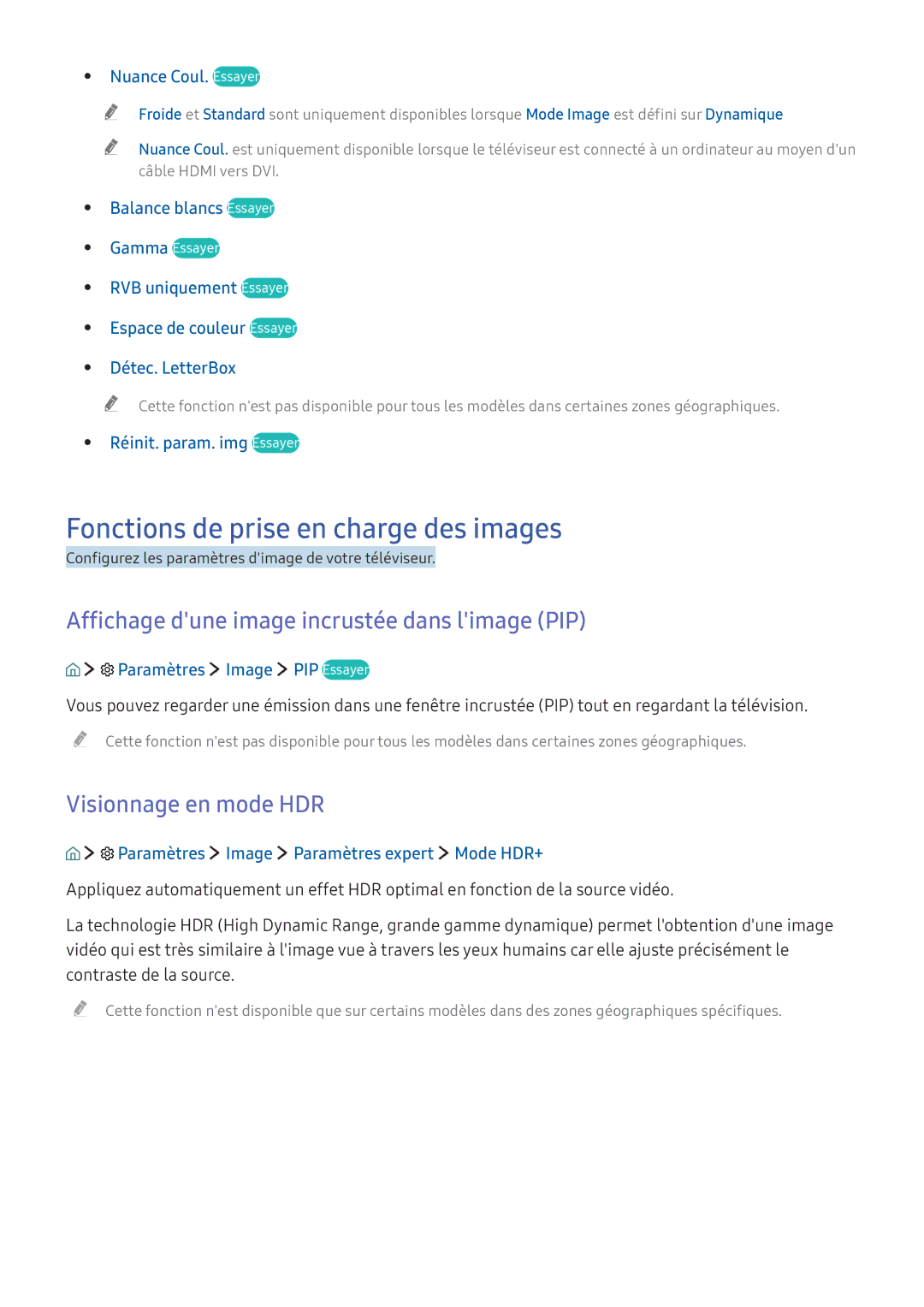 Samsung UE43KU6500UXZF manual Fonctions de prise en charge des images, Affichage dune image incrustée dans limage PIP 