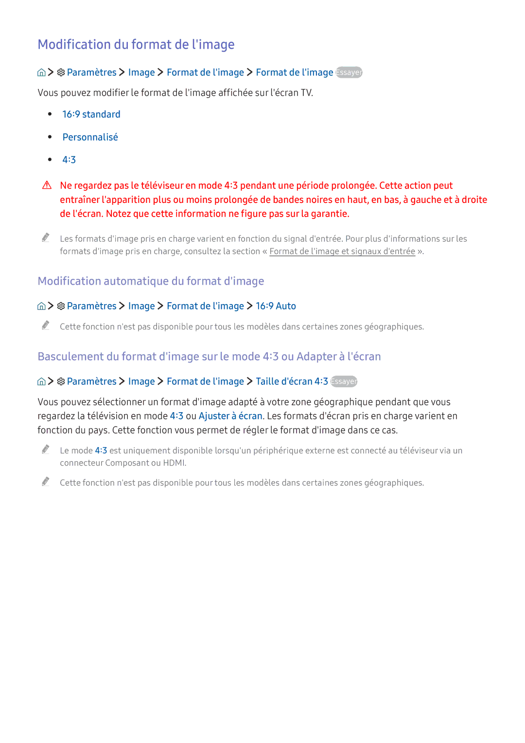 Samsung UE65KU6680UXZF, UE70KU6000KXZF manual Modification du format de limage, Modification automatique du format dimage 