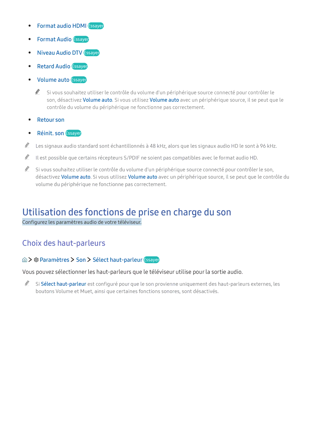 Samsung UE55KU6470UXZF, UE70KU6000KXZF manual Utilisation des fonctions de prise en charge du son, Choix des haut-parleurs 