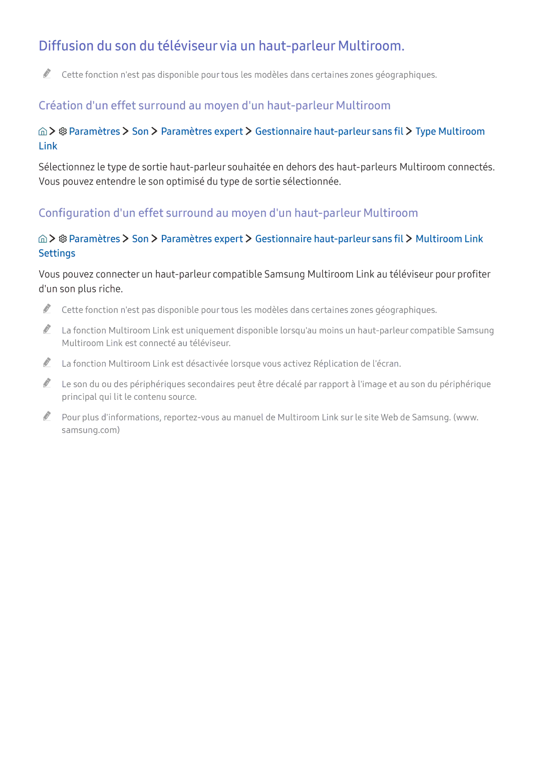 Samsung UE43KU6640UXZF, UE70KU6000KXZF, UE49KU6510UXZF manual Diffusion du son du téléviseur via un haut-parleur Multiroom 