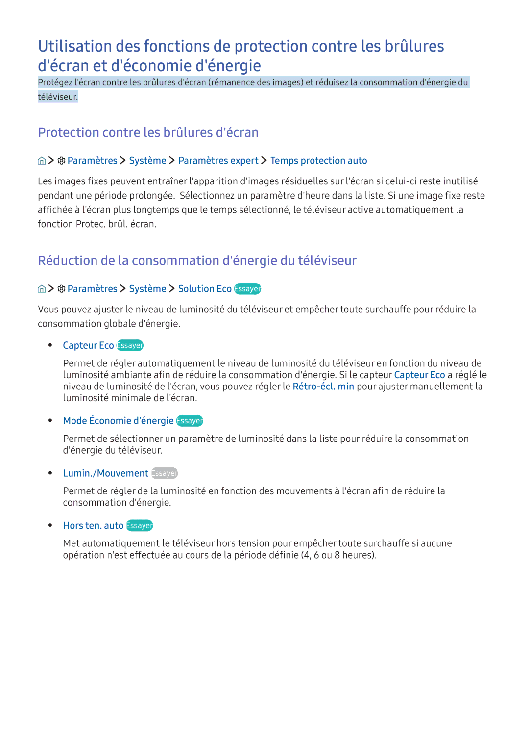 Samsung UE55KS7500UXZF manual Protection contre les brûlures décran, Réduction de la consommation dénergie du téléviseur 