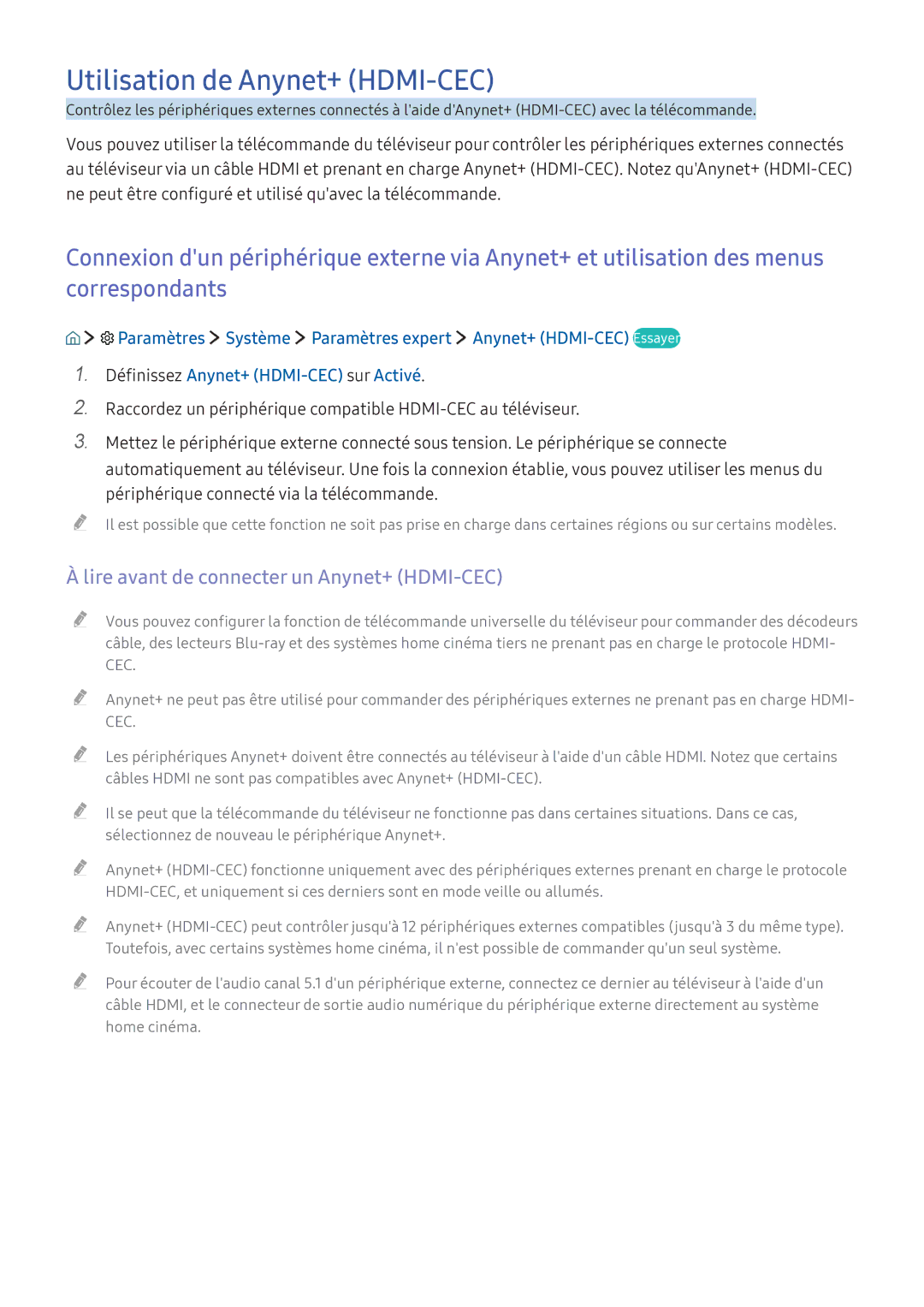 Samsung UE49KU6500UXZF, UE70KU6000KXZF manual Utilisation de Anynet+ HDMI-CEC, Lire avant de connecter un Anynet+ HDMI-CEC 