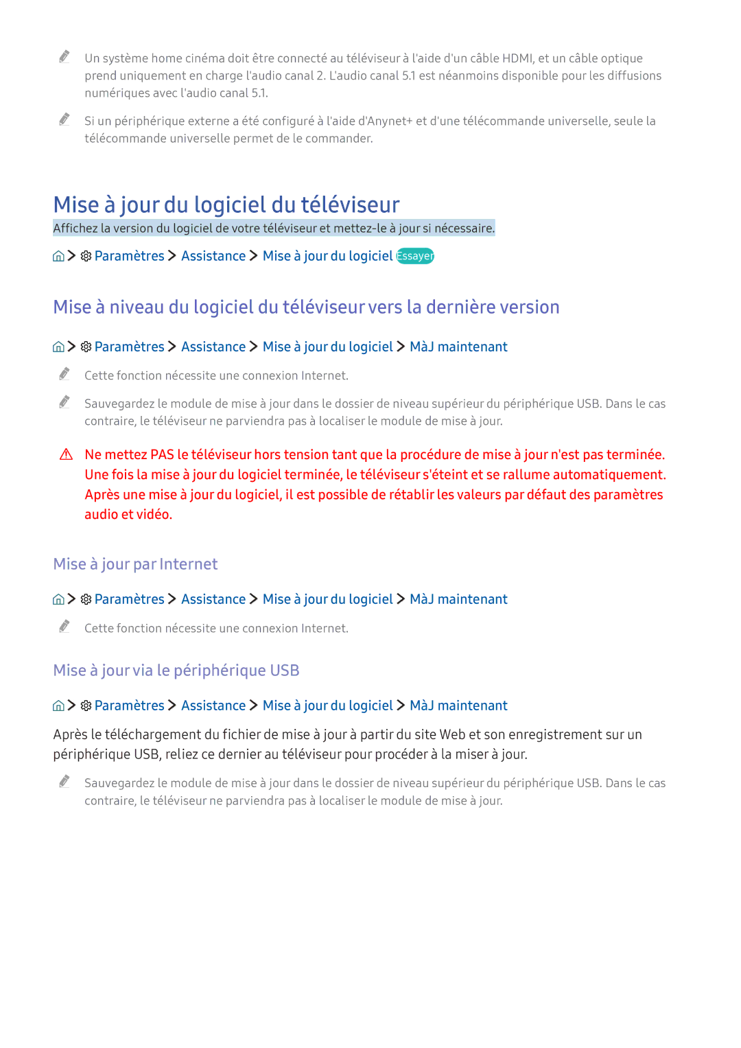 Samsung UE40KU6400UXZF, UE70KU6000KXZF, UE49KU6510UXZF manual Mise à jour du logiciel du téléviseur, Mise à jour par Internet 