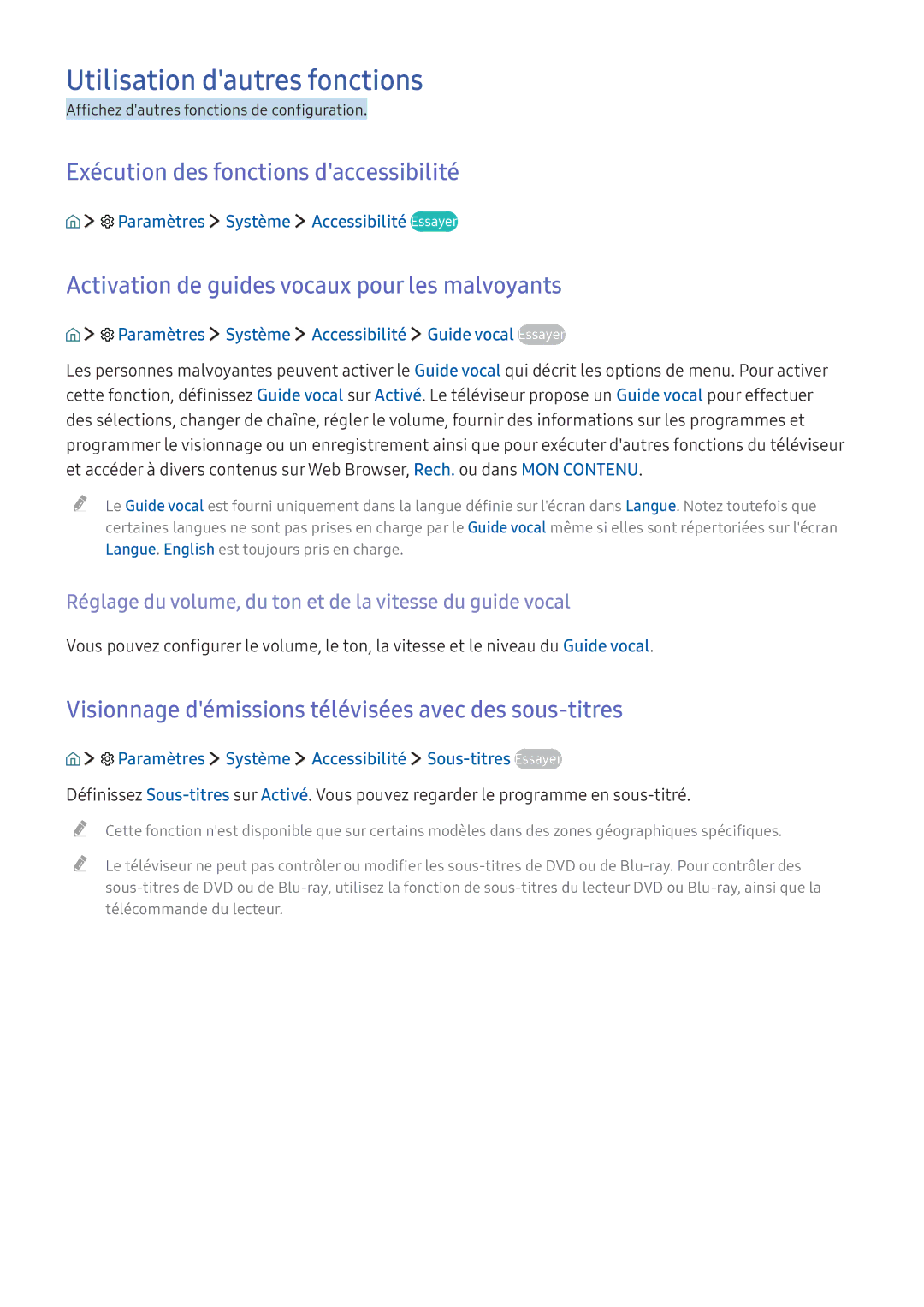 Samsung UE65KS9000TXZF, UE70KU6000KXZF manual Utilisation dautres fonctions, Exécution des fonctions daccessibilité 