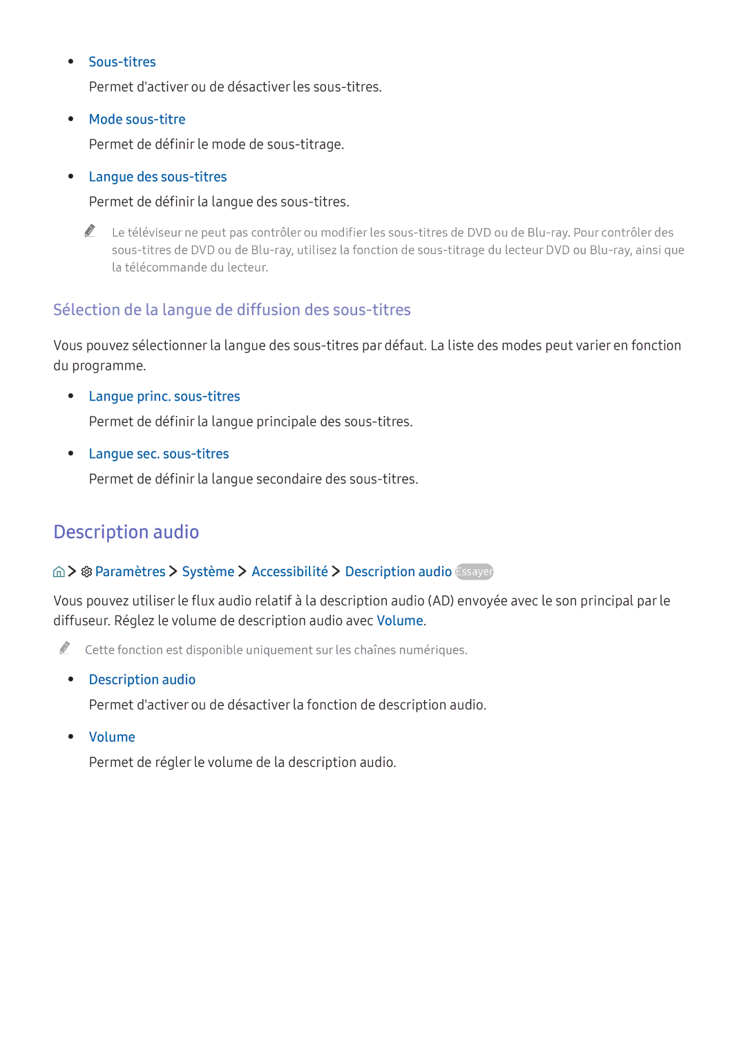 Samsung UE55KS9000TXZF, UE70KU6000KXZF manual Description audio, Sélection de la langue de diffusion des sous-titres 