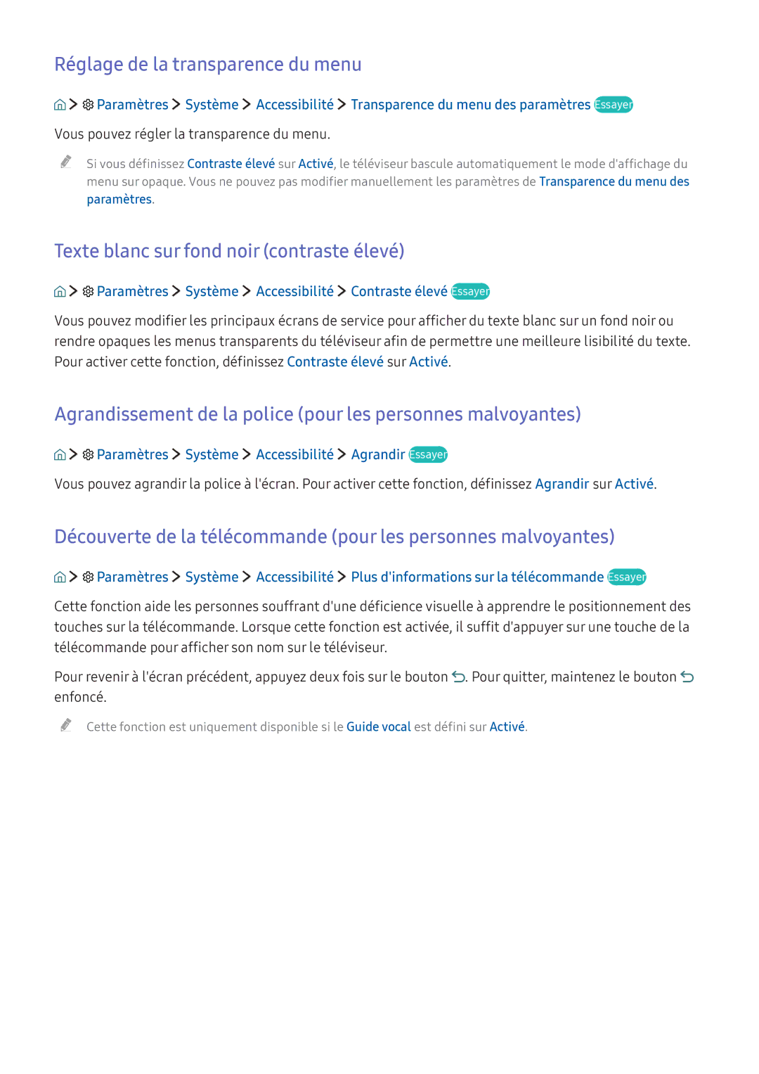Samsung UE43KS7500UXZF, UE70KU6000KXZF manual Réglage de la transparence du menu, Texte blanc sur fond noir contraste élevé 
