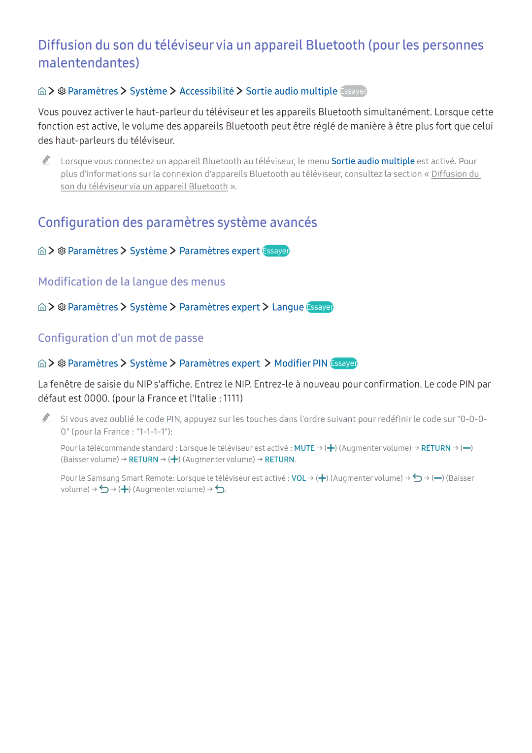 Samsung UE78KS9000TXZF, UE70KU6000KXZF Configuration des paramètres système avancés, Modification de la langue des menus 