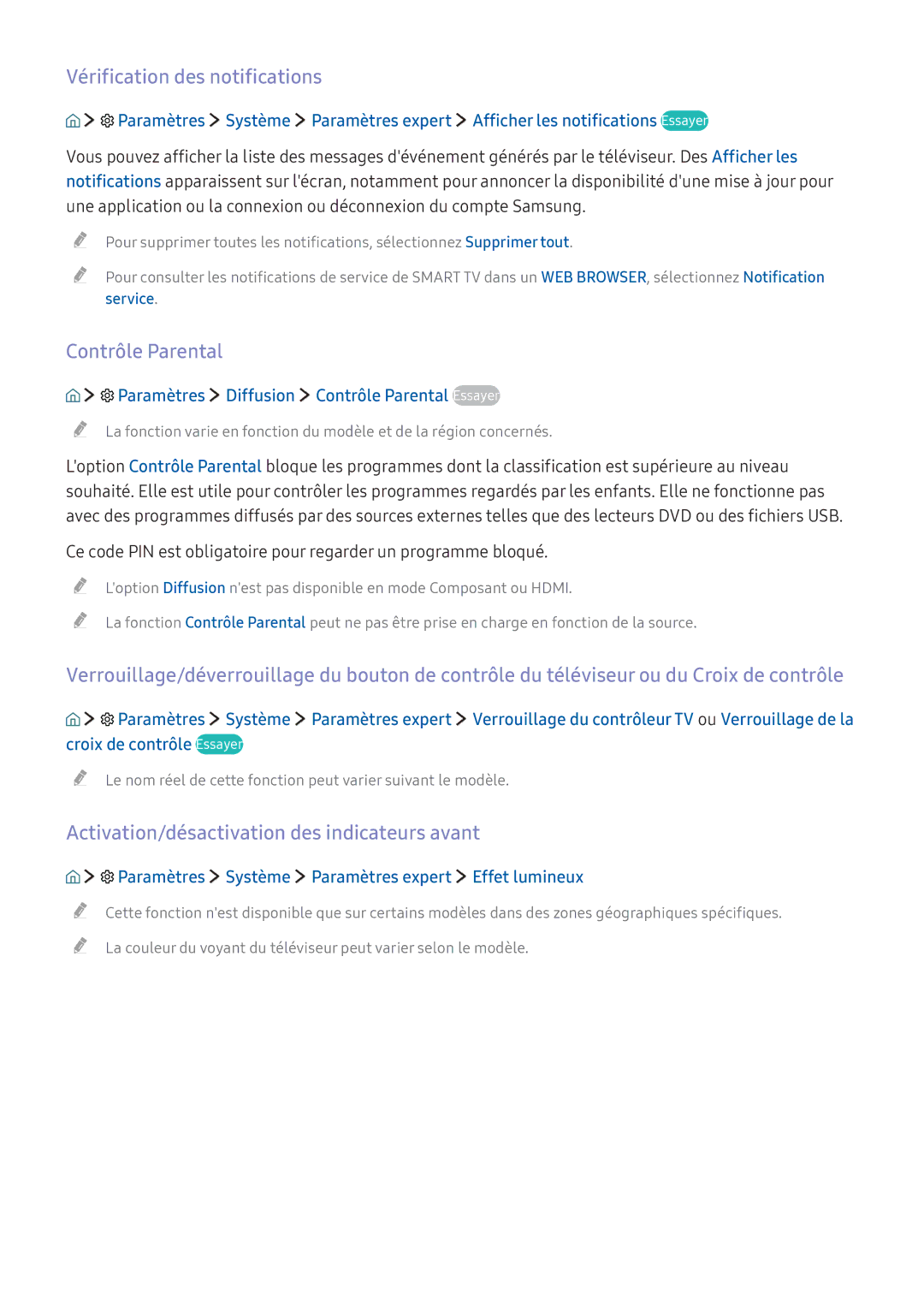 Samsung UE49KU6670UXZF Vérification des notifications, Contrôle Parental, Activation/désactivation des indicateurs avant 